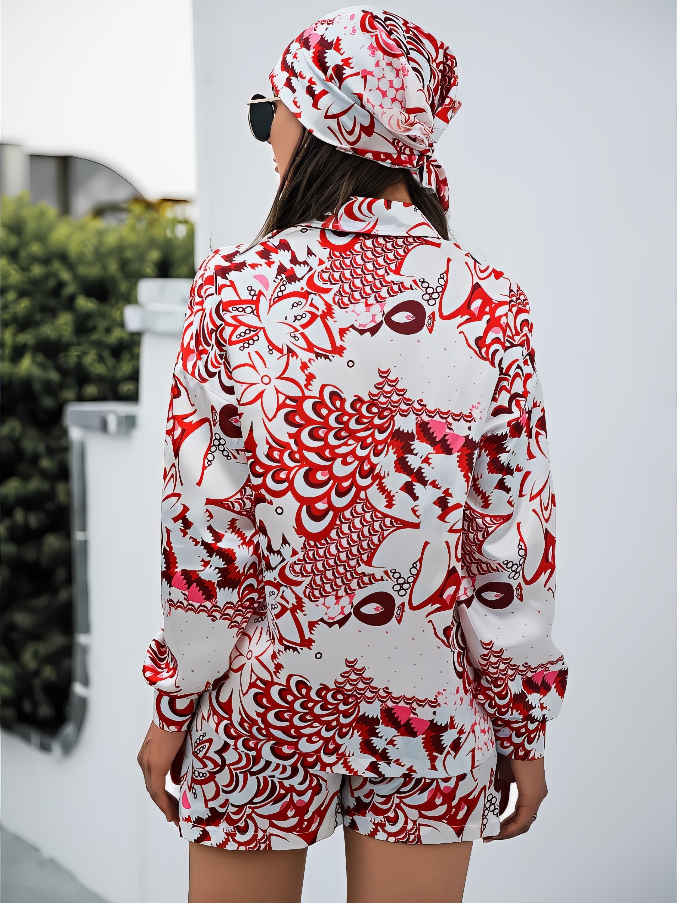 Women's printed button-up long sleeve shirt and shorts three-piece set