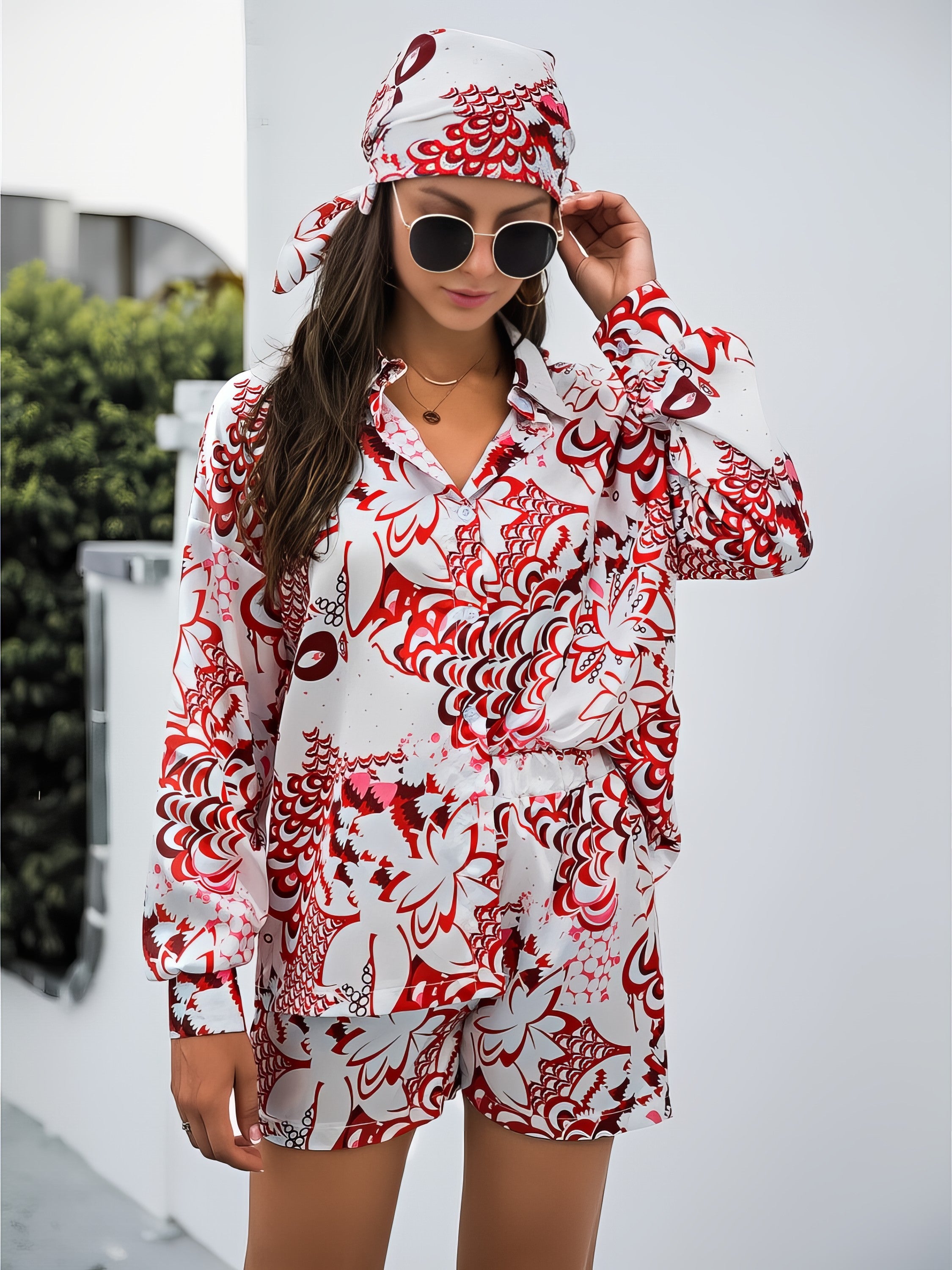 Women's printed button-up long sleeve shirt and shorts three-piece set