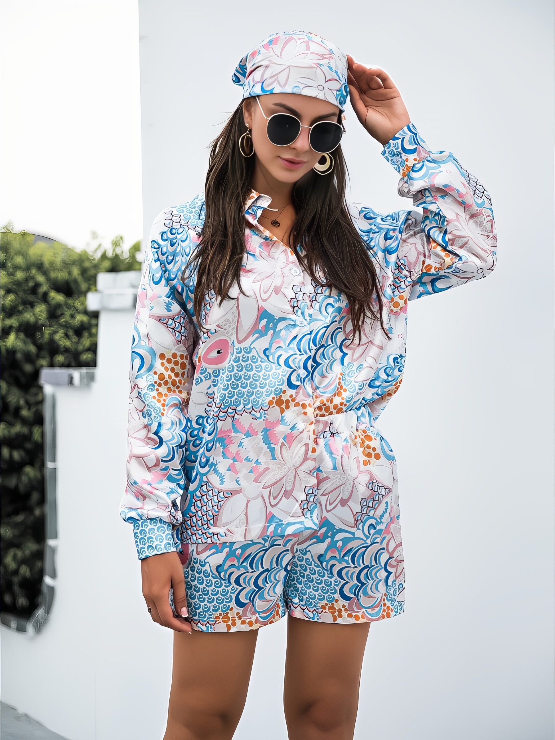 Women's printed button-up long sleeve shirt and shorts three-piece set