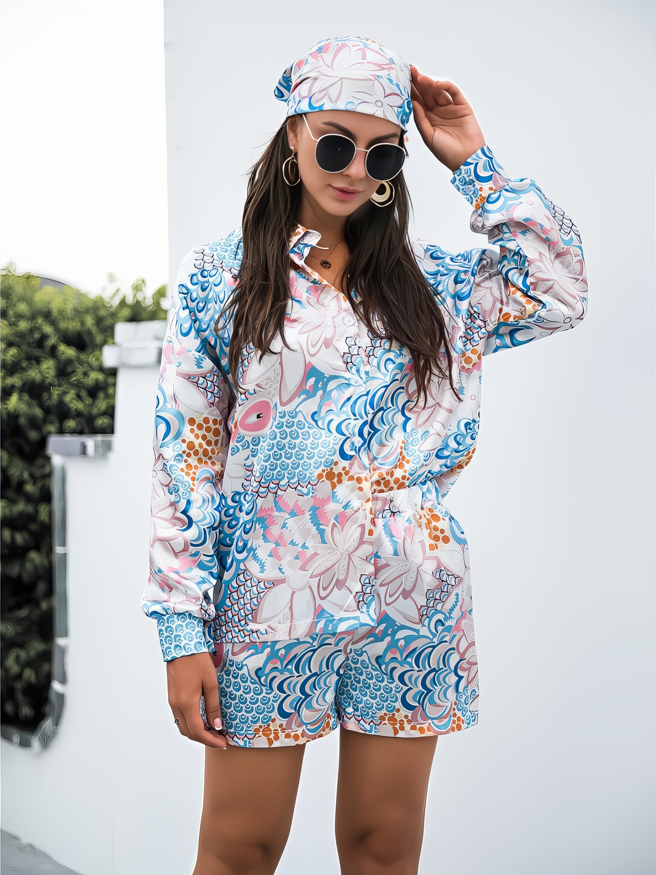Women's printed button-up long sleeve shirt and shorts three-piece set
