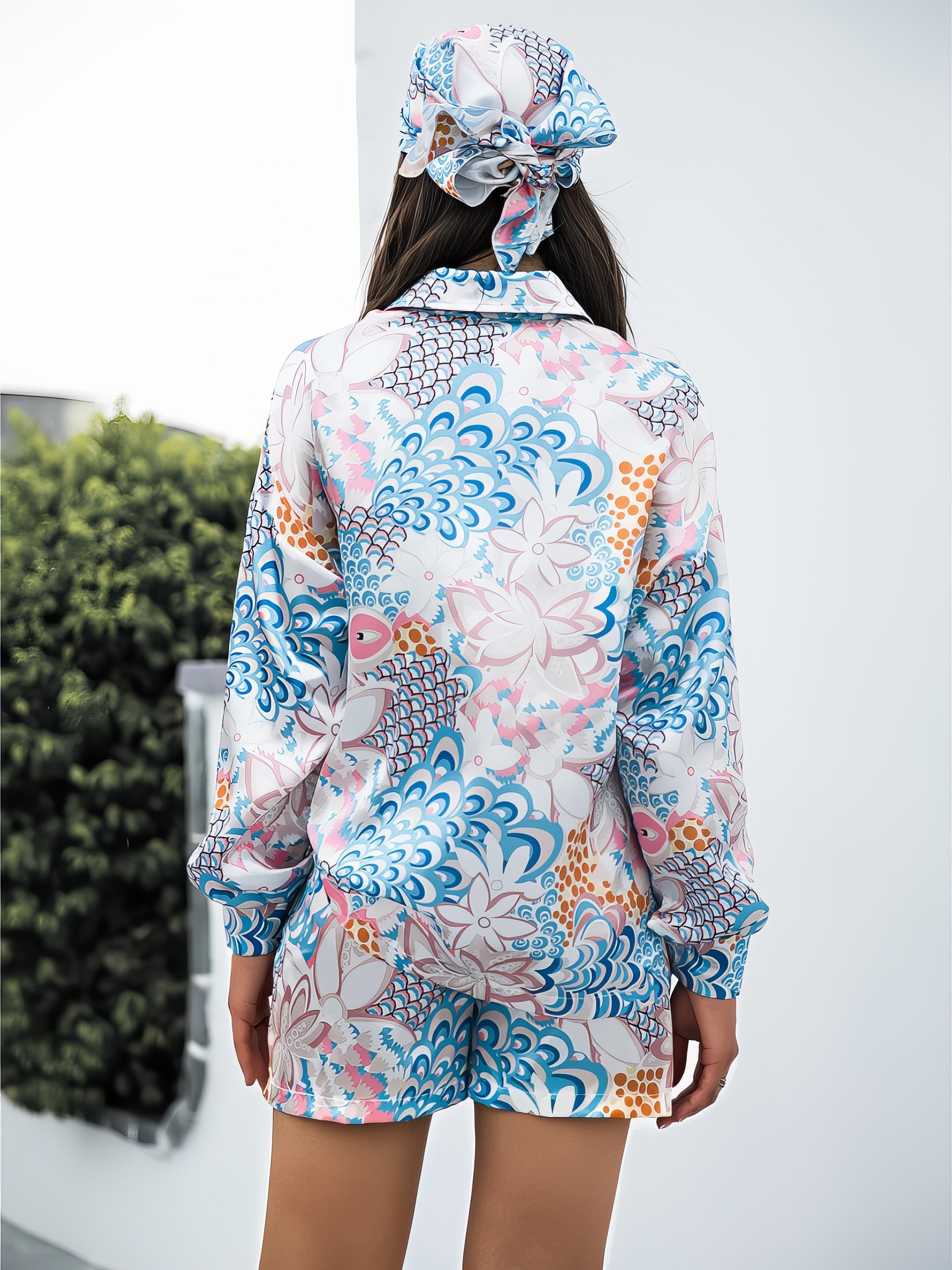 Women's printed button-up long sleeve shirt and shorts three-piece set