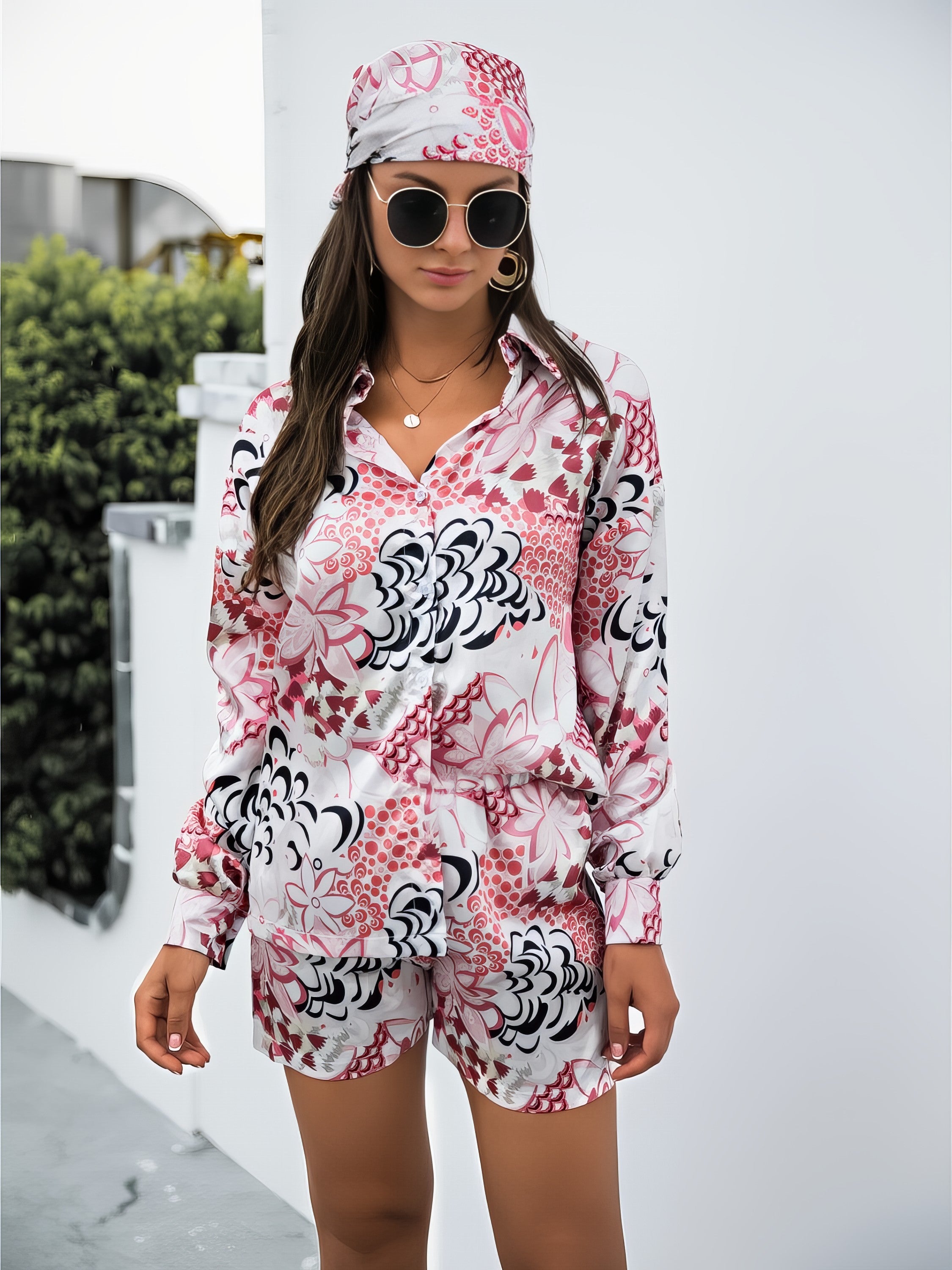 Women's printed button-up long sleeve shirt and shorts three-piece set