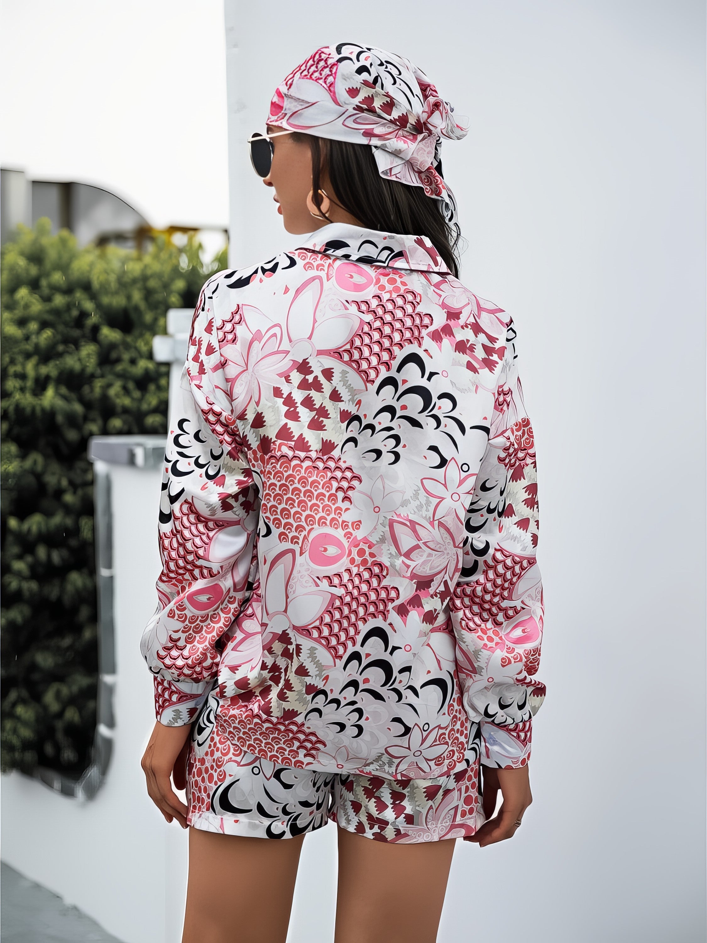 Women's printed button-up long sleeve shirt and shorts three-piece set