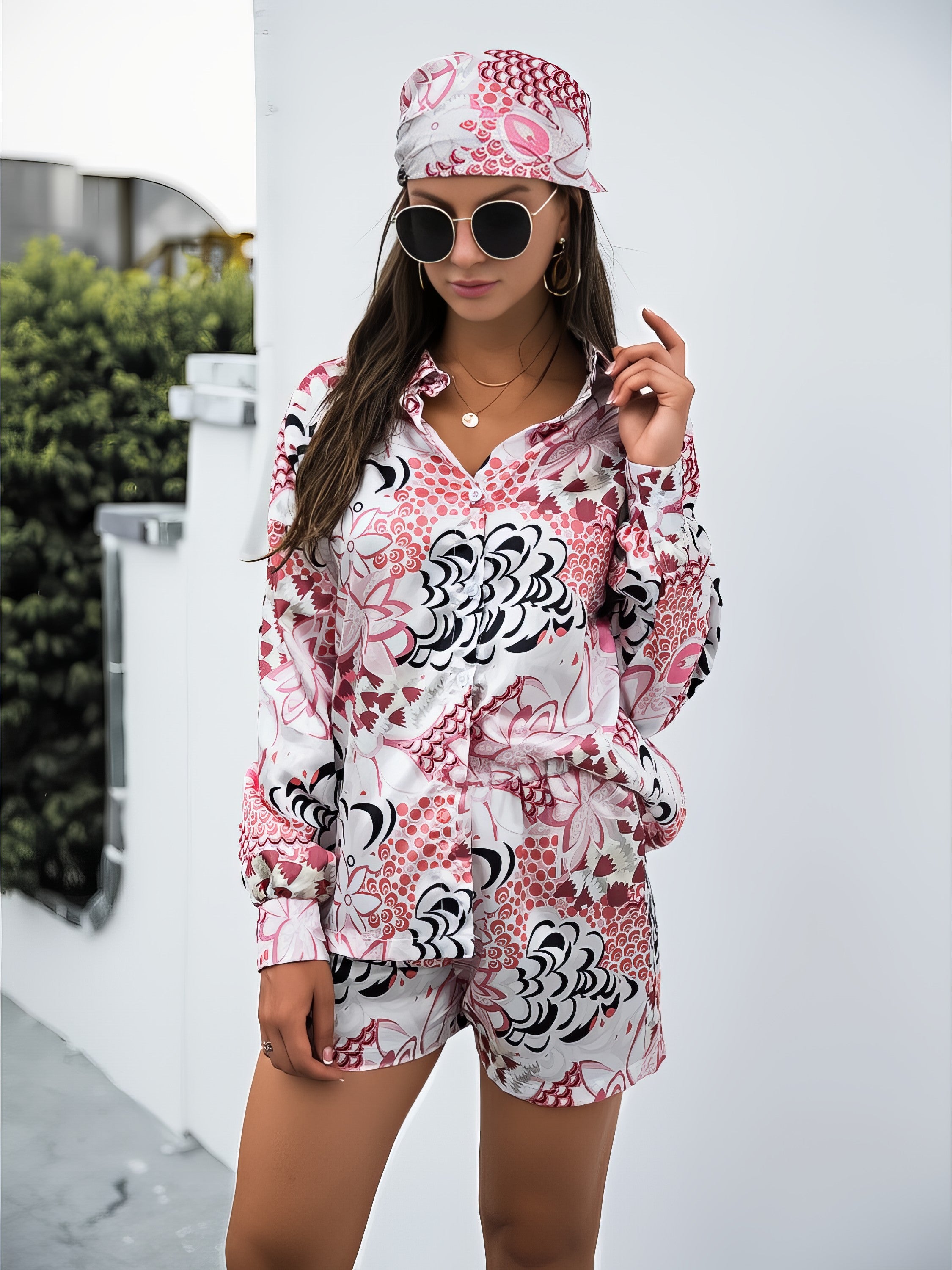 Women's printed button-up long sleeve shirt and shorts three-piece set