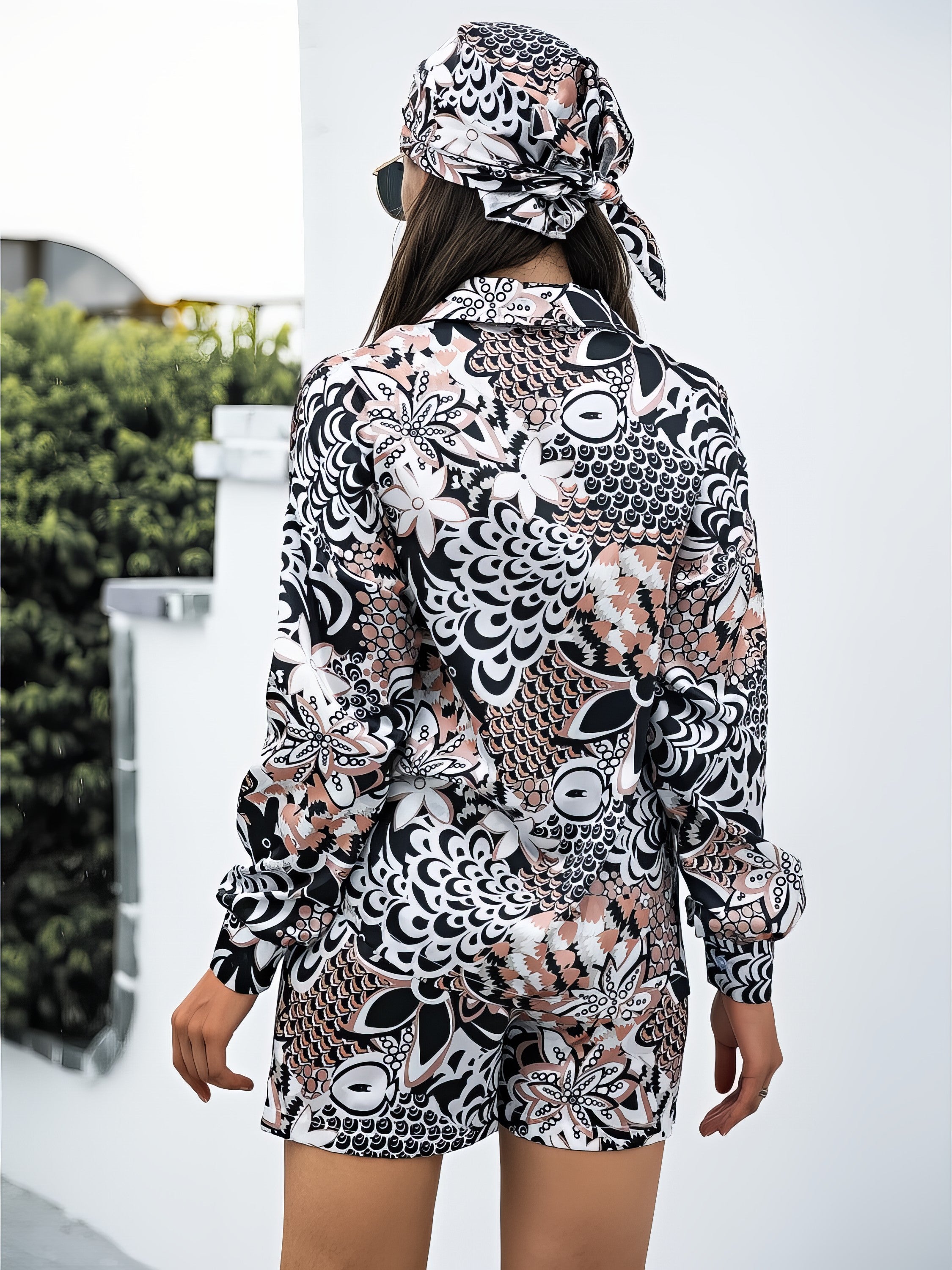 Women's printed button-up long sleeve shirt and shorts three-piece set