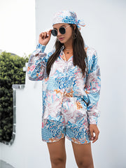 Women's printed button-up long sleeve shirt and shorts three-piece set