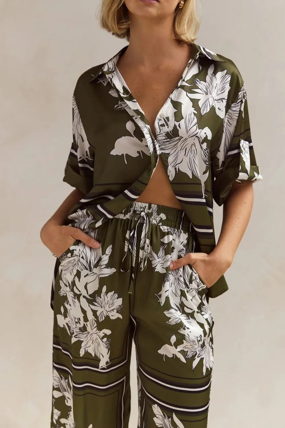 Printed Button Up Shirt and Pants Set.