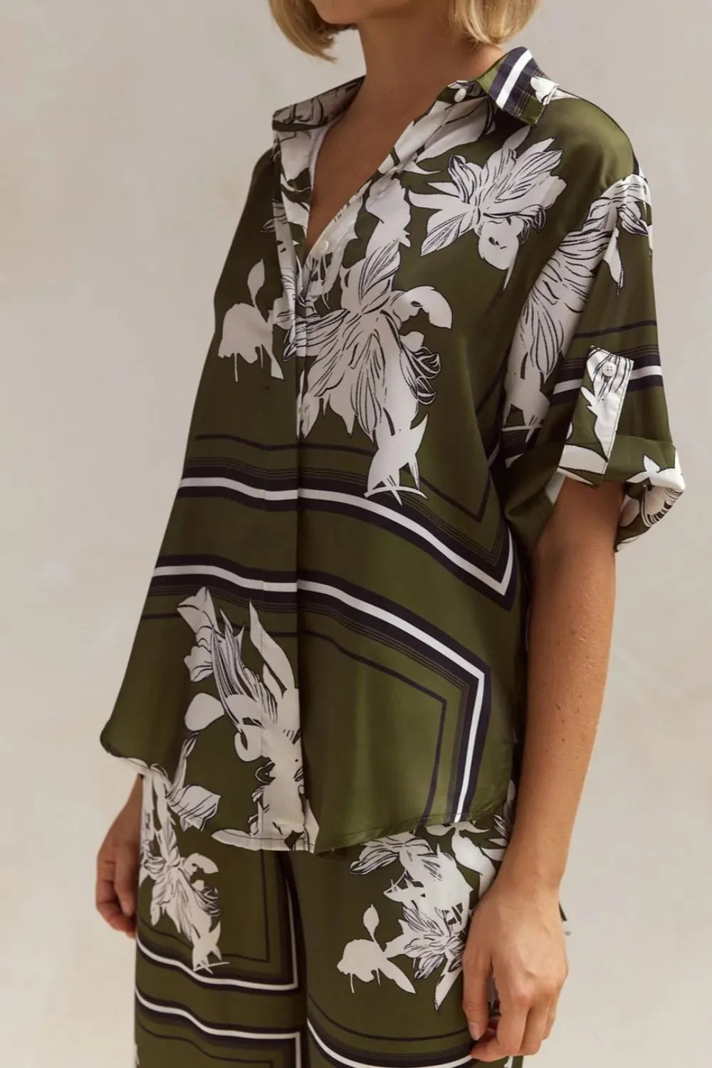 Printed Button Up Shirt and Pants Set.