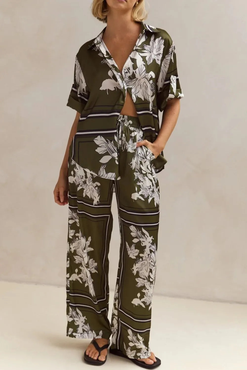 Printed Button Up Shirt and Pants Set.