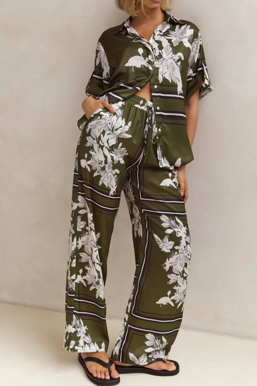 Printed Button Up Shirt and Pants Set.