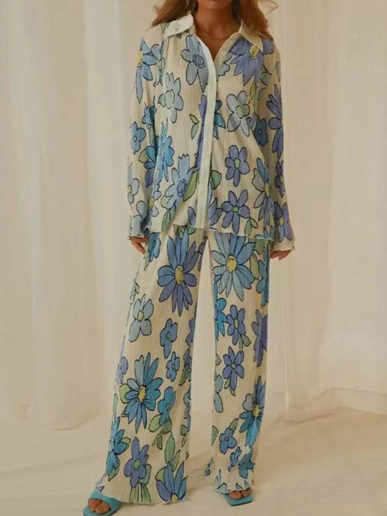 Printed Button Up Shirt and Pants Set.