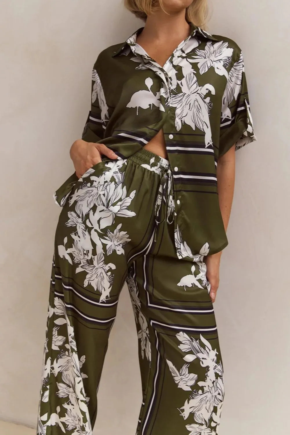 Printed Button Up Shirt and Pants Set.
