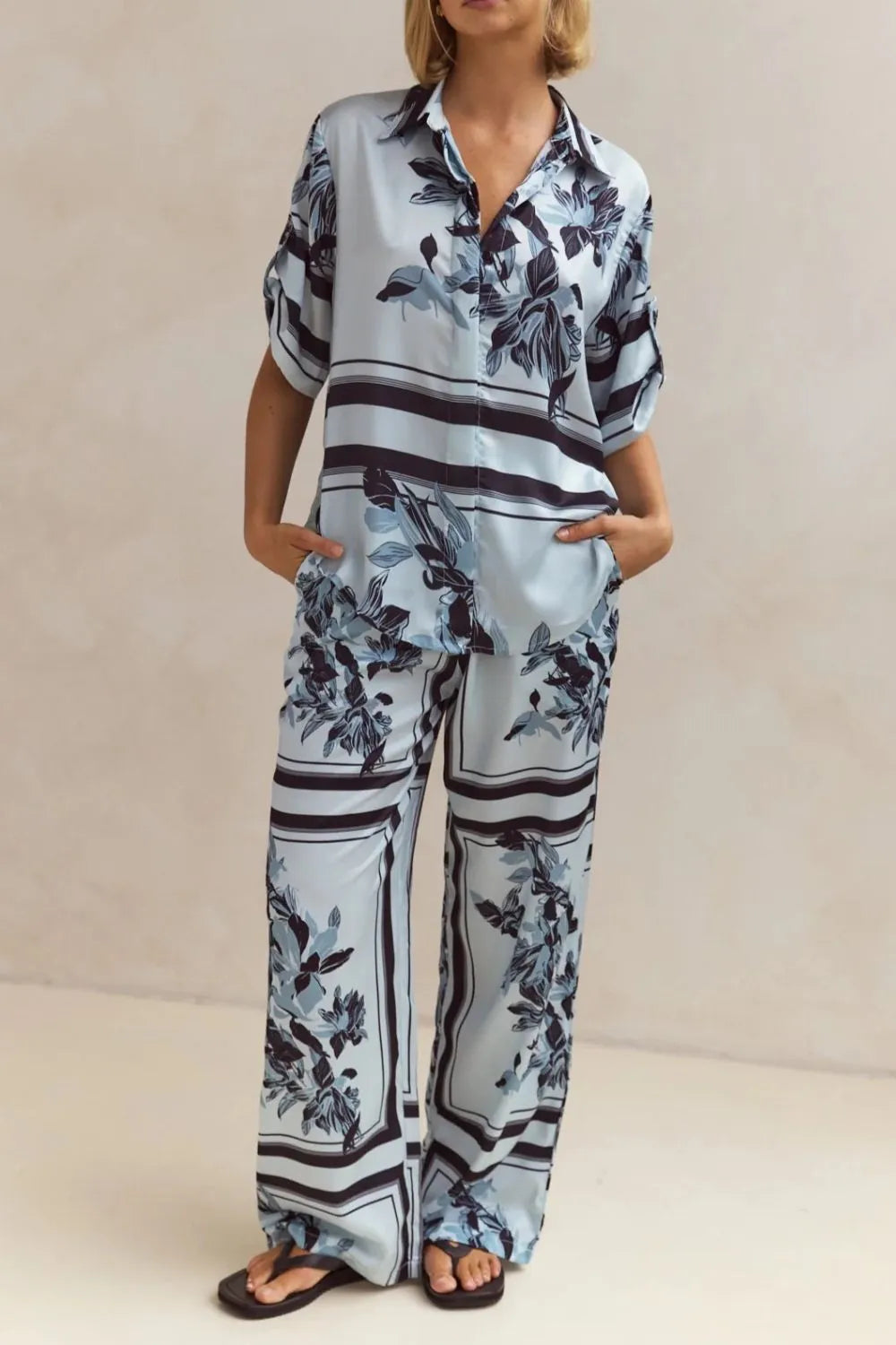 Printed Button Up Shirt and Pants Set.