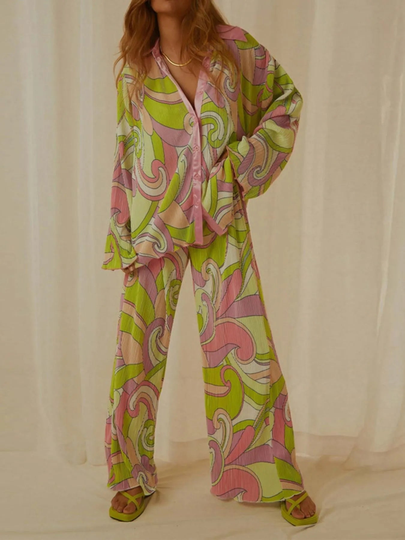 Printed Button Up Shirt and Pants Set.