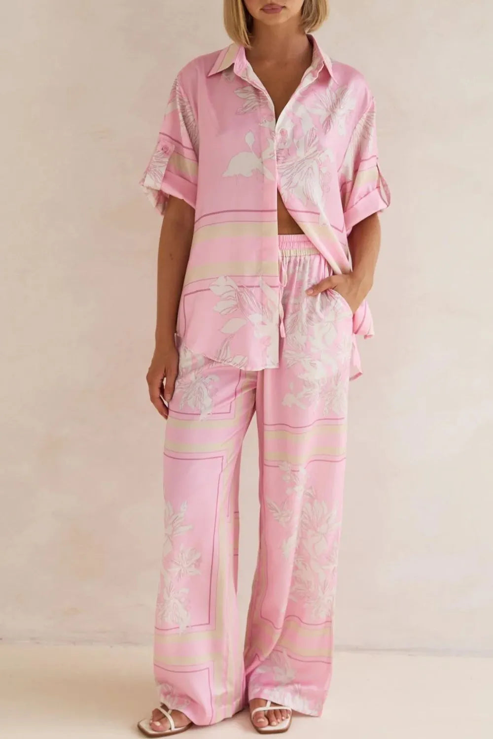 Printed Button Up Shirt and Pants Set.