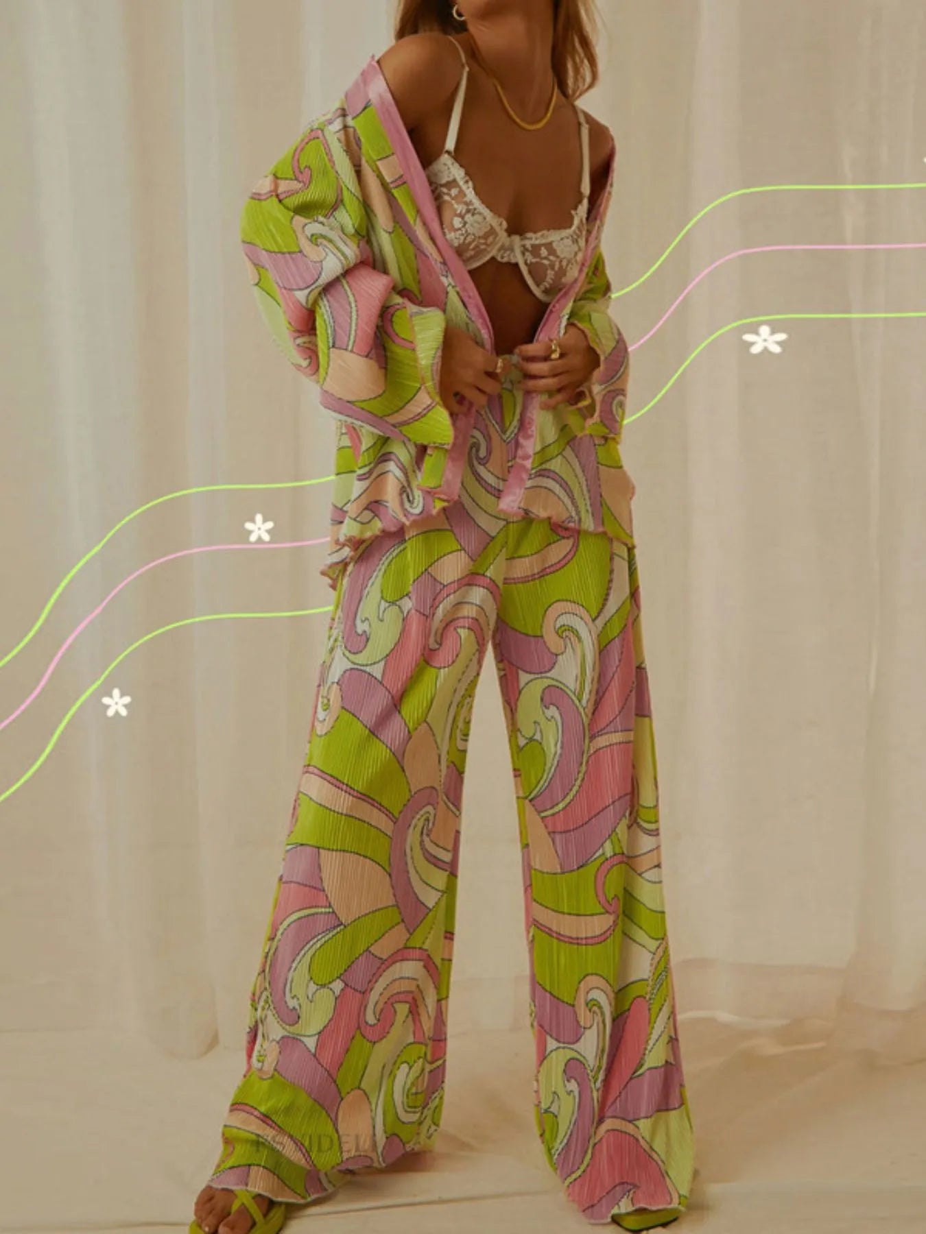 Printed Button Up Shirt and Pants Set.