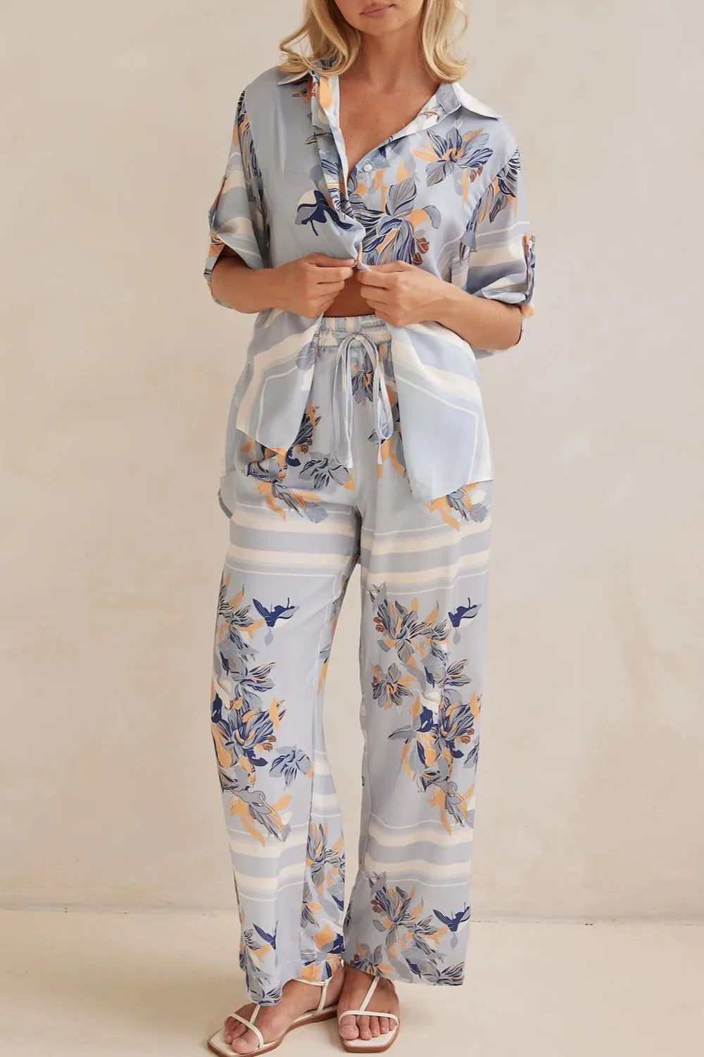 Printed Button Up Shirt and Pants Set.
