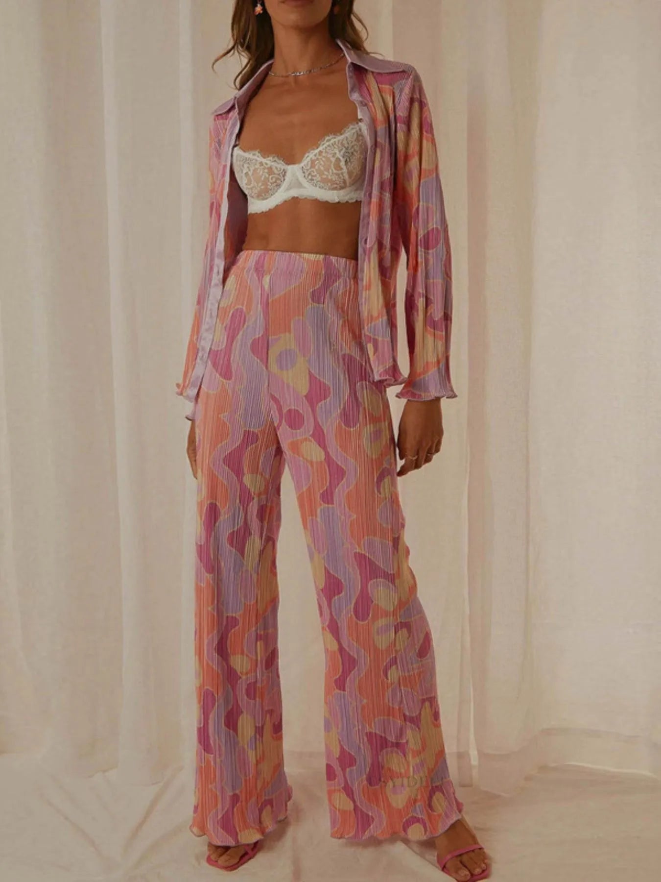 Printed Button Up Shirt and Pants Set.