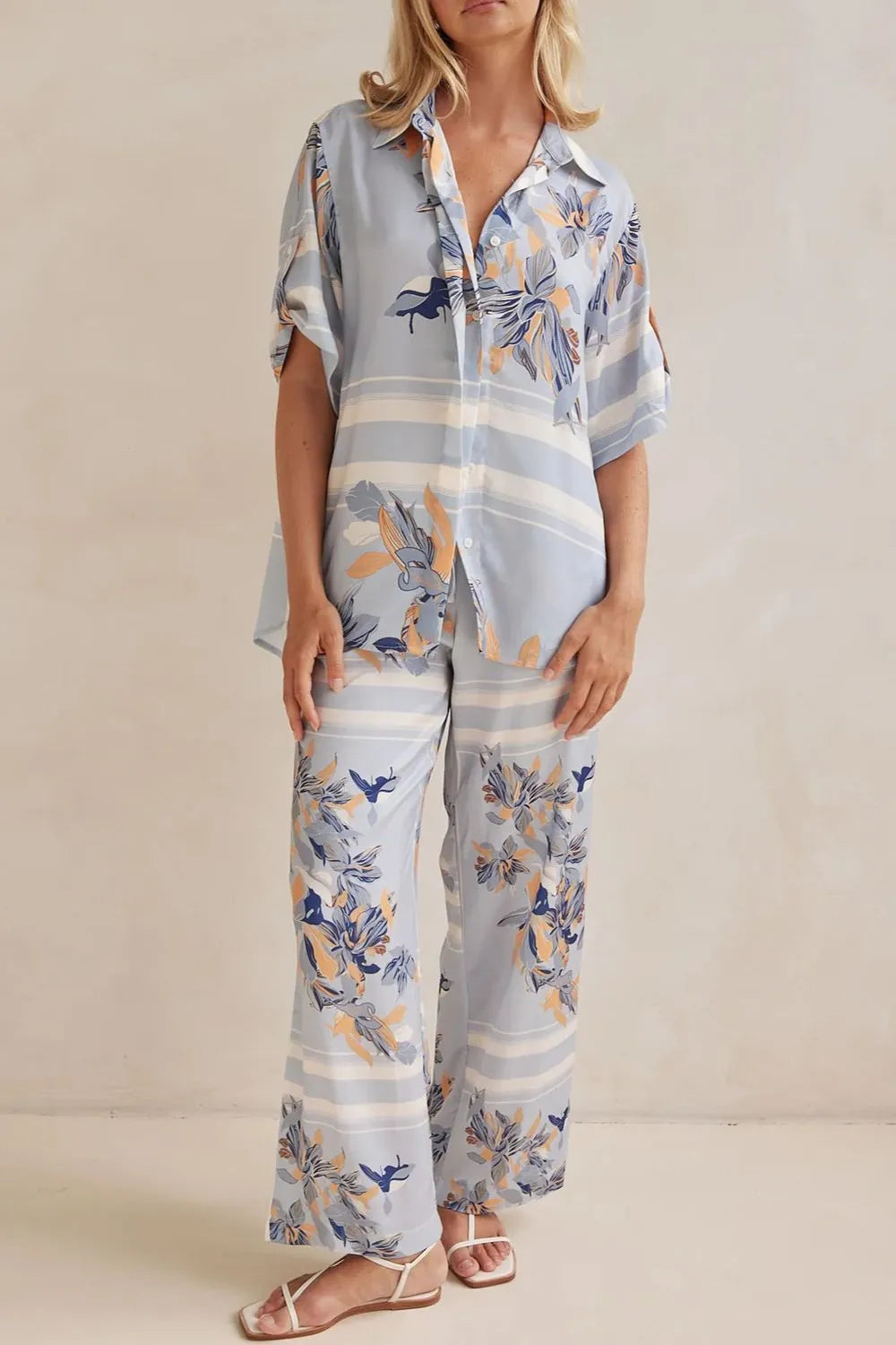 Printed Button Up Shirt and Pants Set.