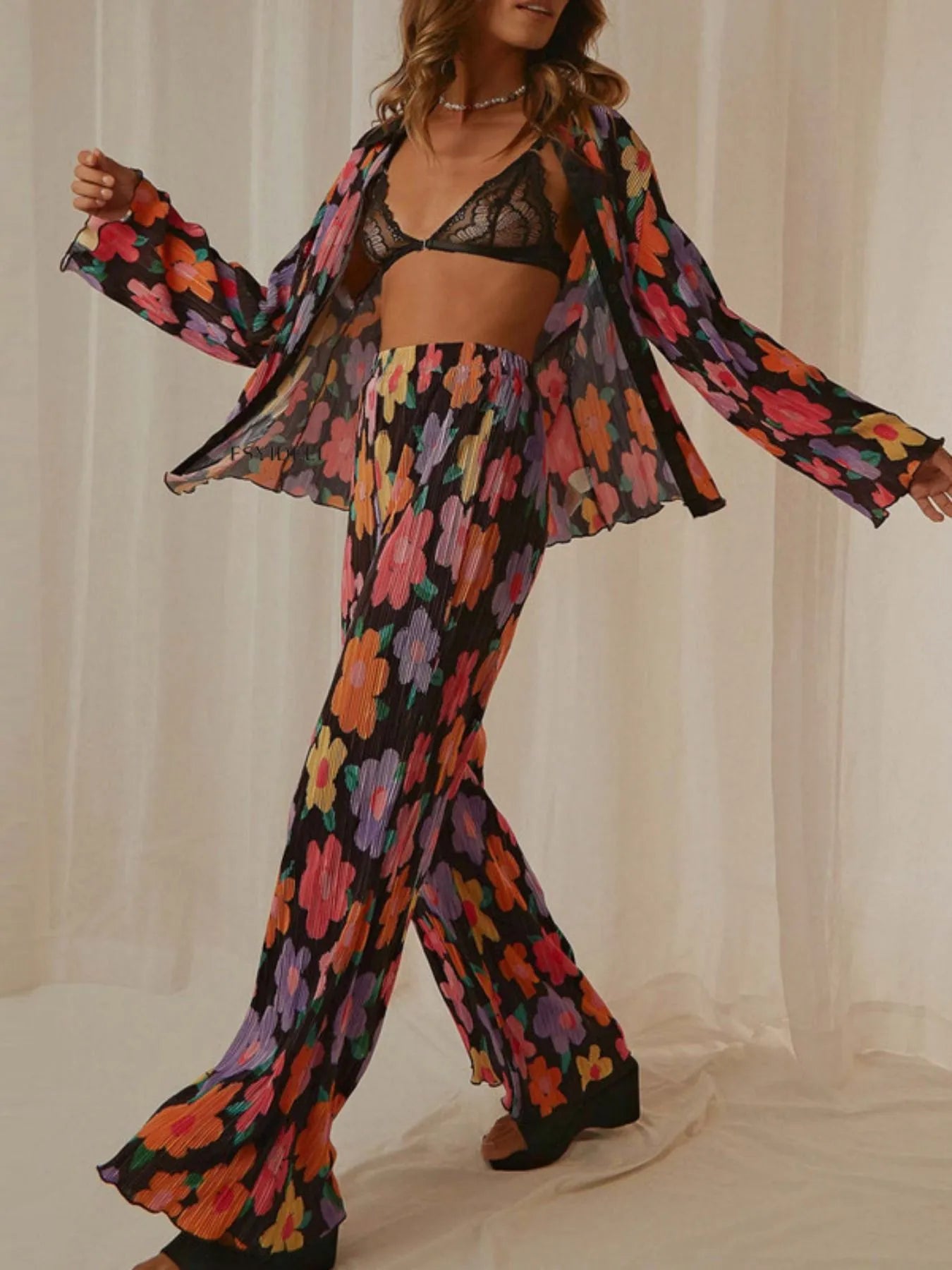 Printed Button Up Shirt and Pants Set.