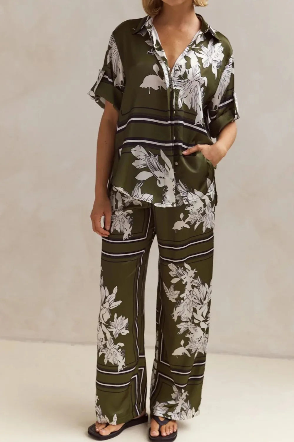Printed Button Up Shirt and Pants Set.