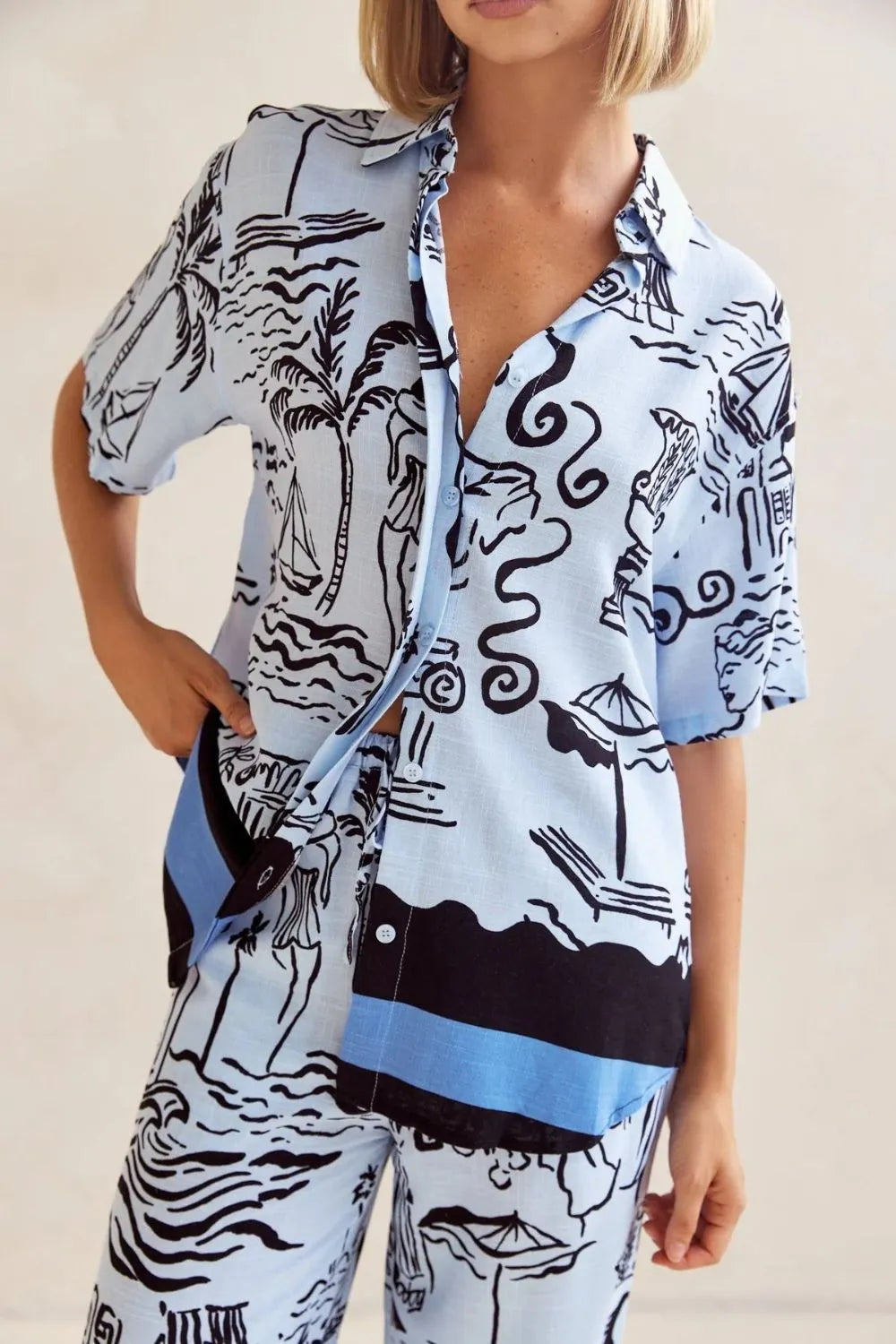 Printed Button Up Shirt and Pants Set Plus Size.