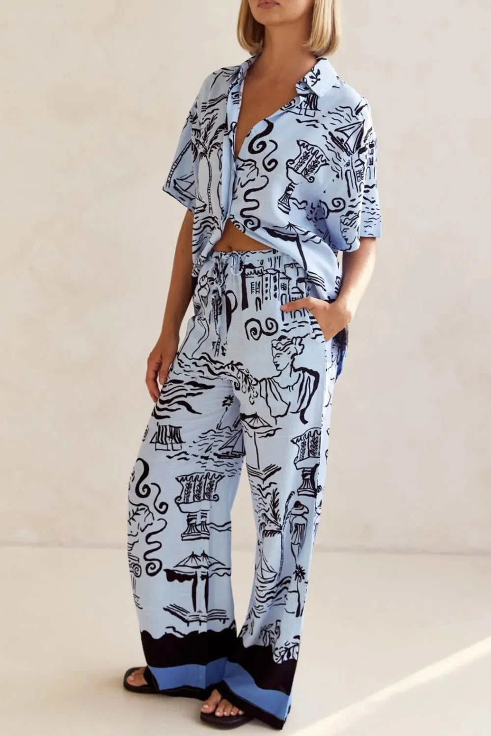 Printed Button Up Shirt and Pants Set Plus Size.