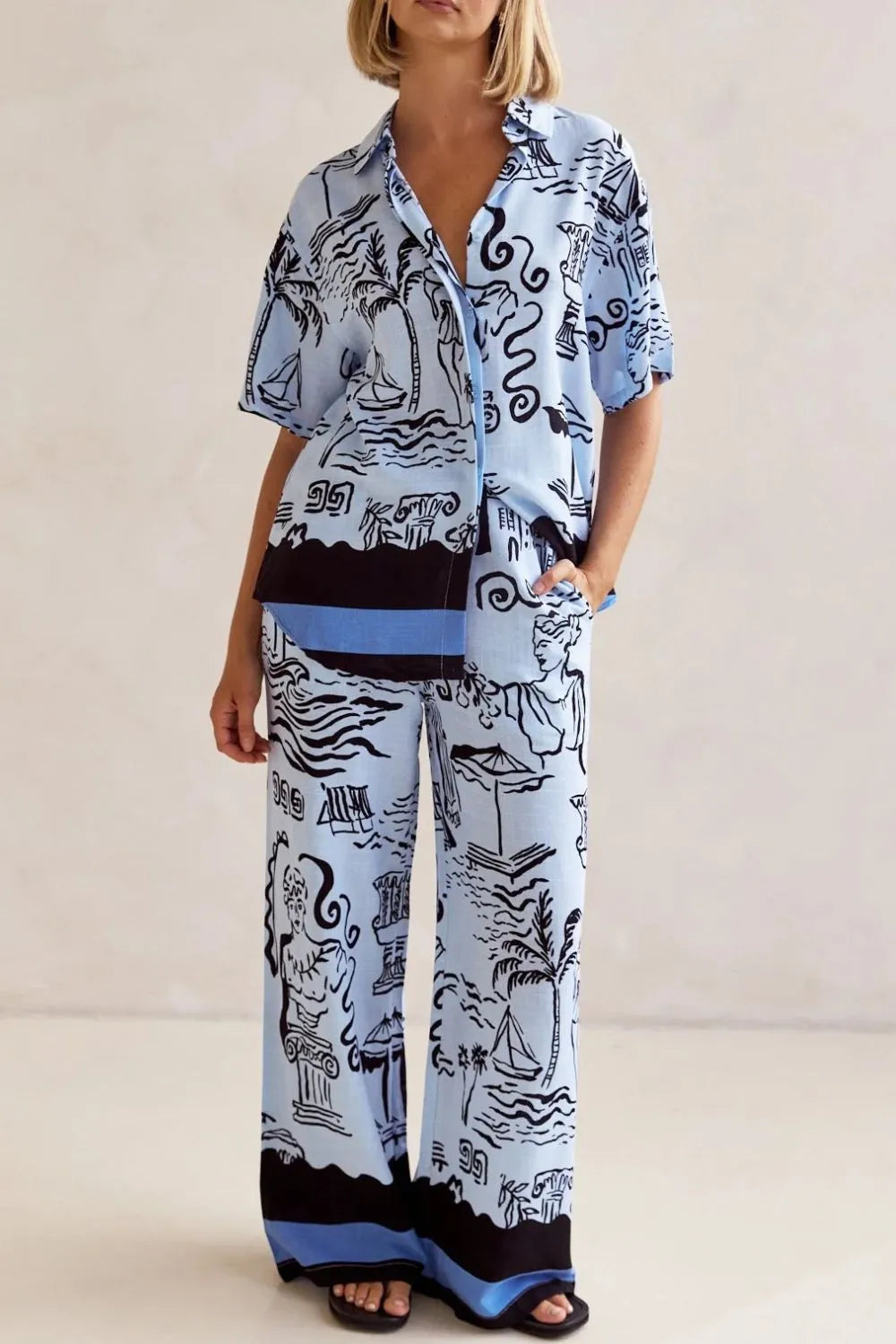 Printed Button Up Shirt and Pants Set Plus Size.