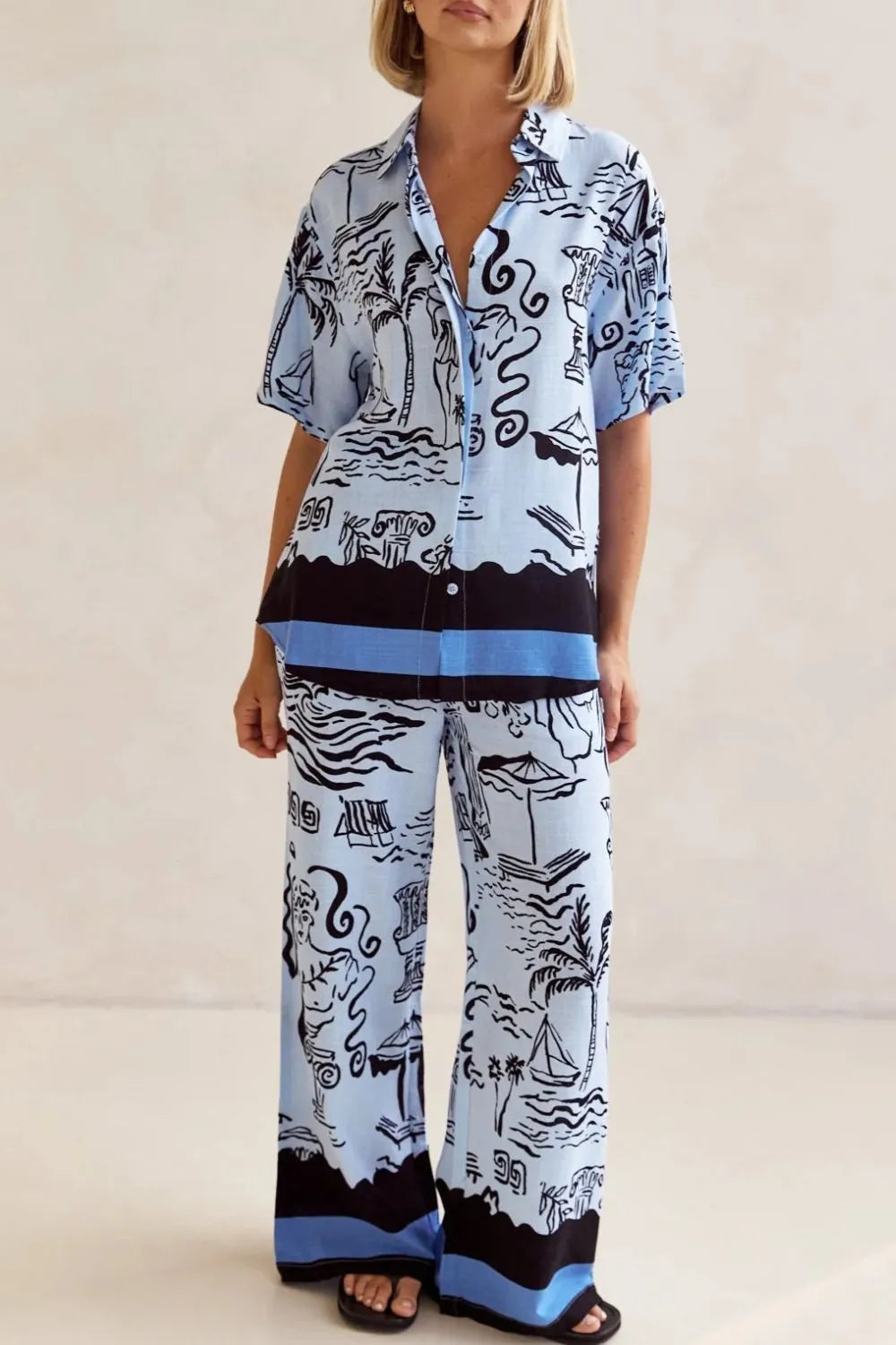 Printed Button Up Shirt and Pants Set Plus Size.