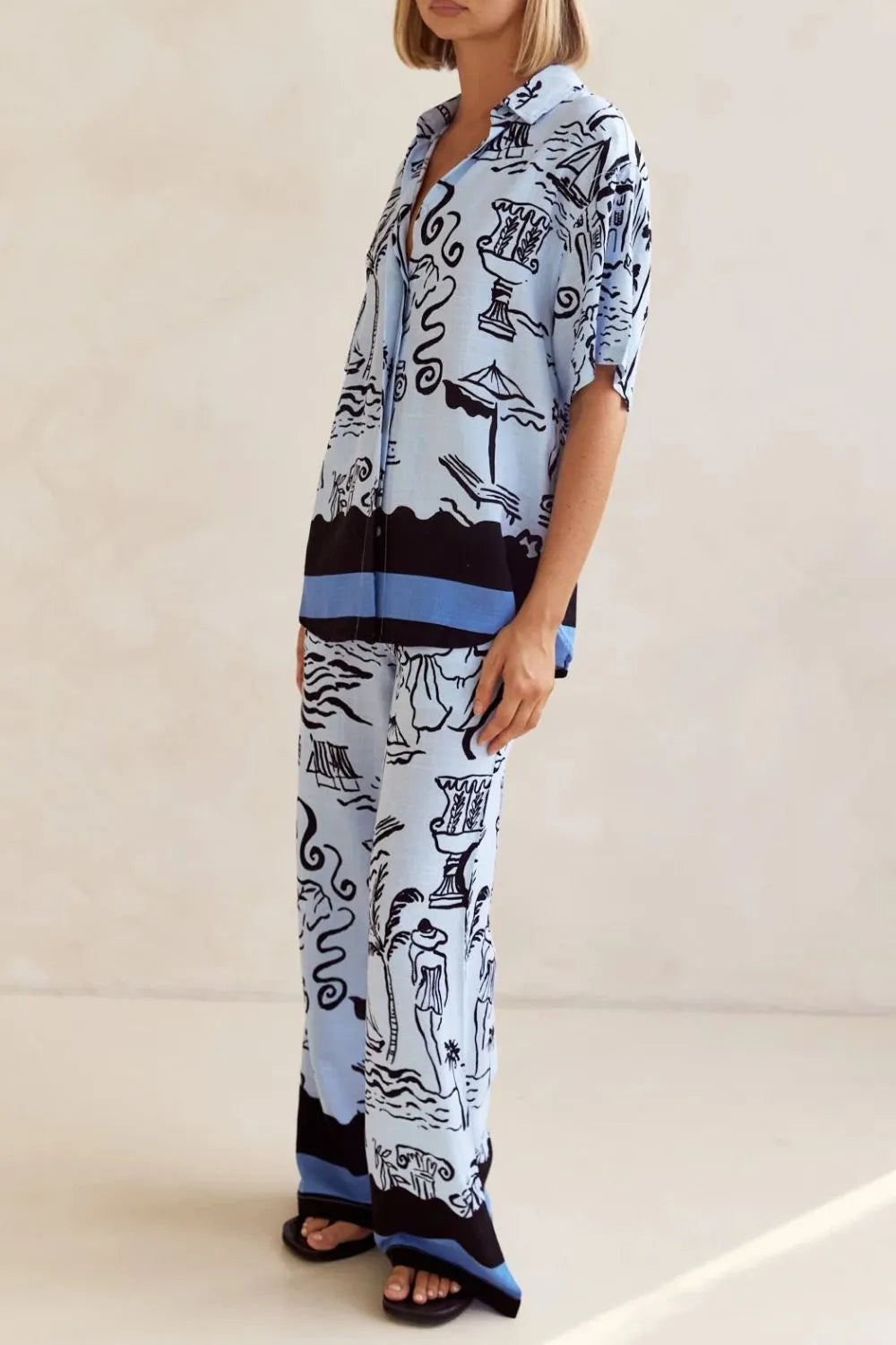Printed Button Up Shirt and Pants Set Plus Size.