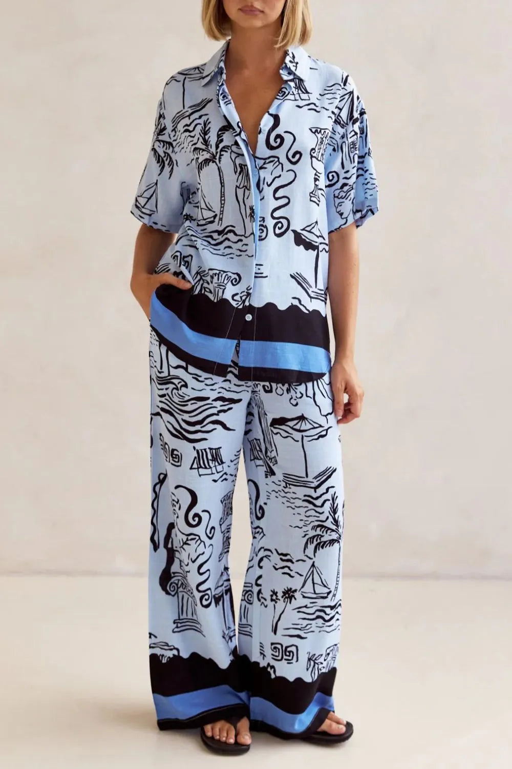 Printed Button Up Shirt and Pants Set Plus Size.