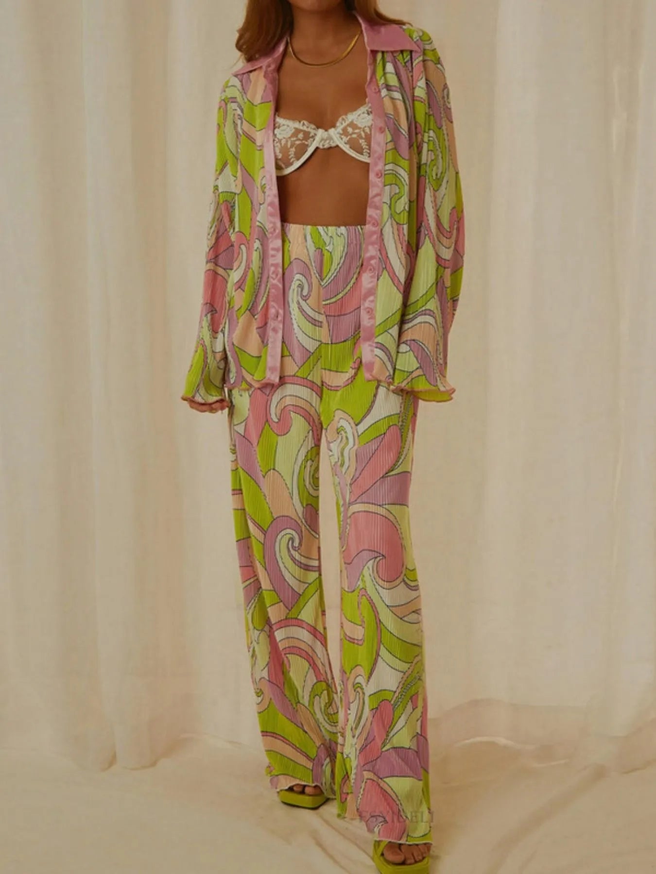 Printed Button Up Shirt and Pants Set.