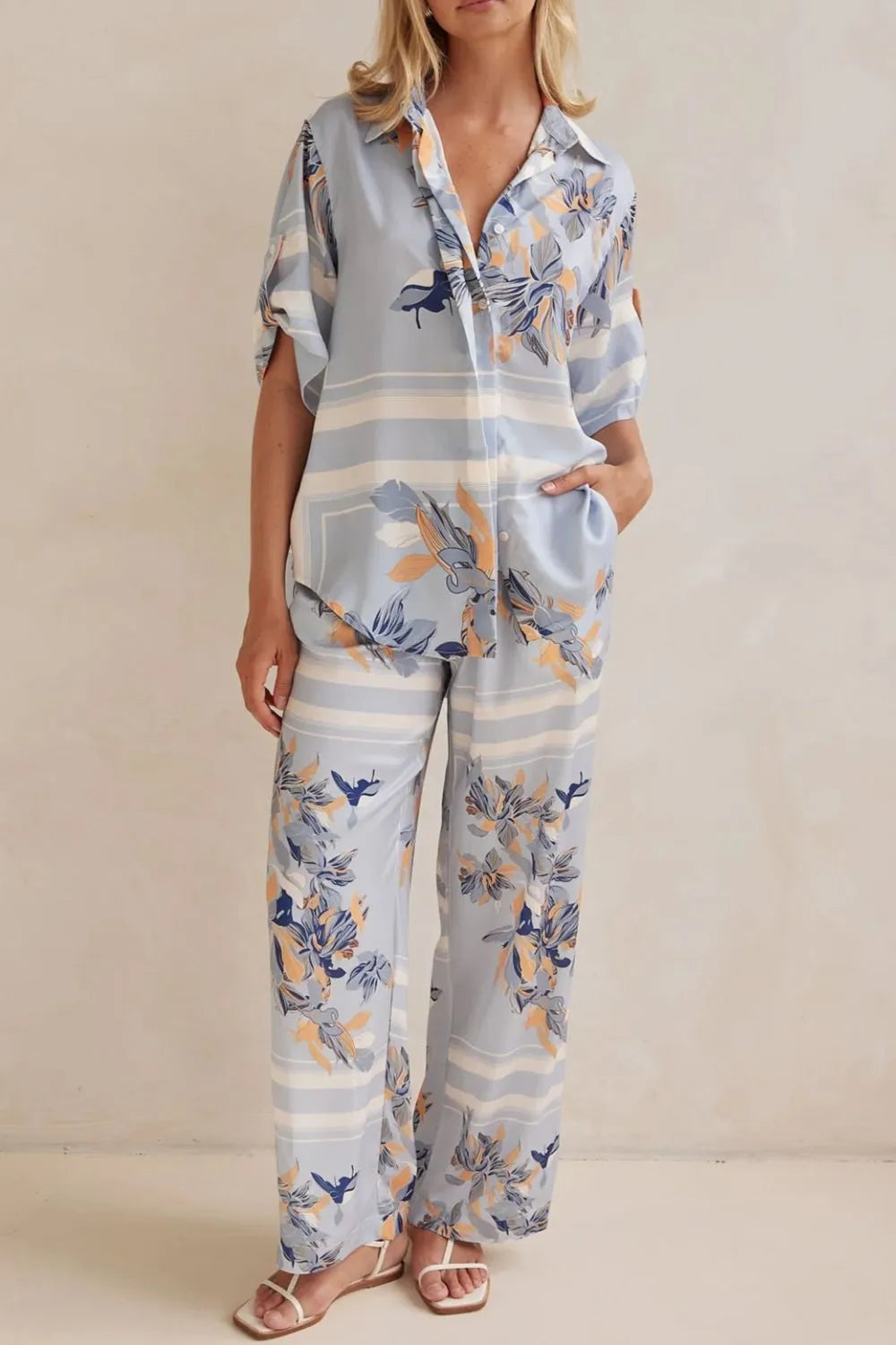 Printed Button Up Shirt and Pants Set.