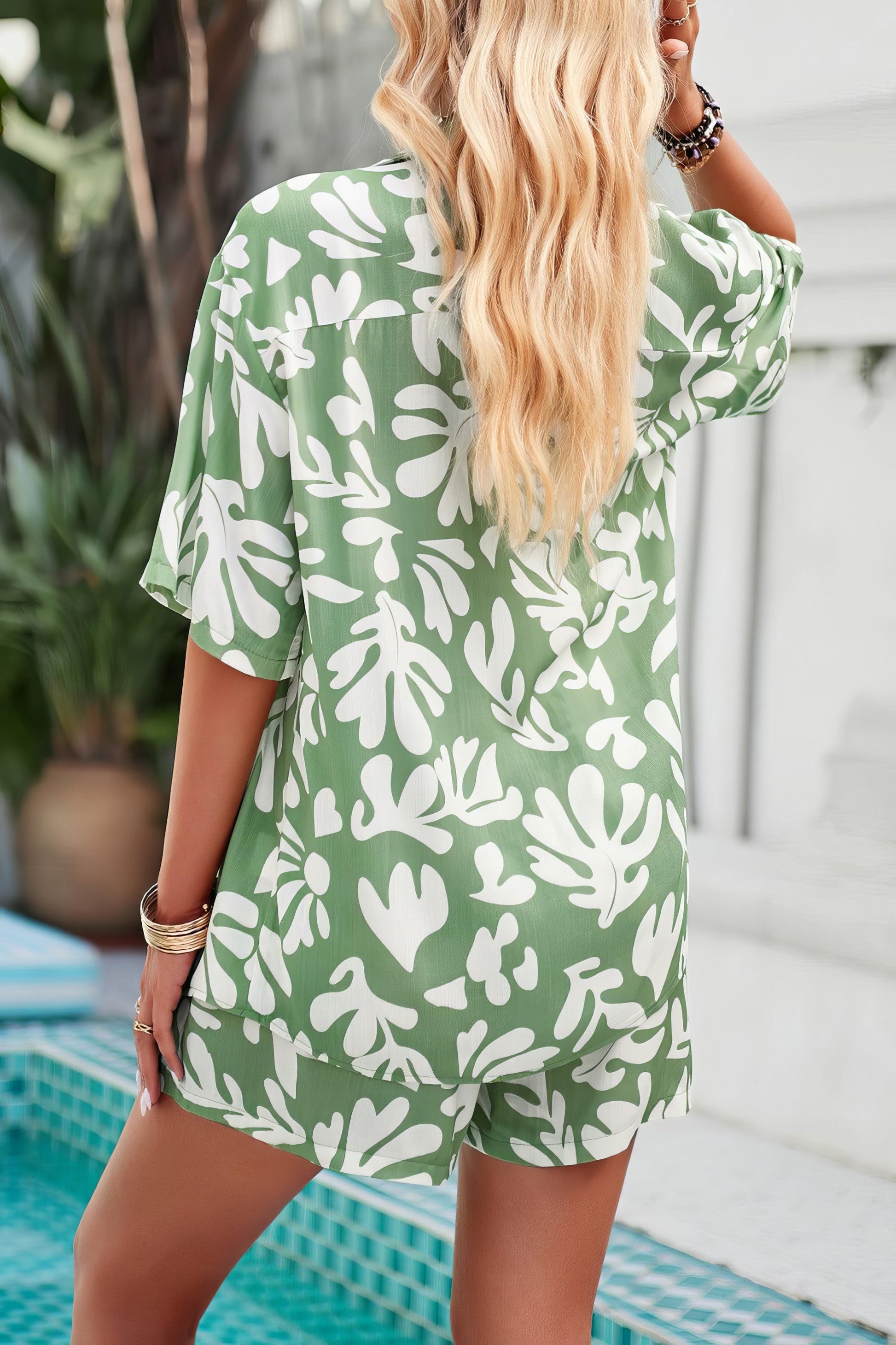 Women's printed button-up shirt and shorts set with pockets