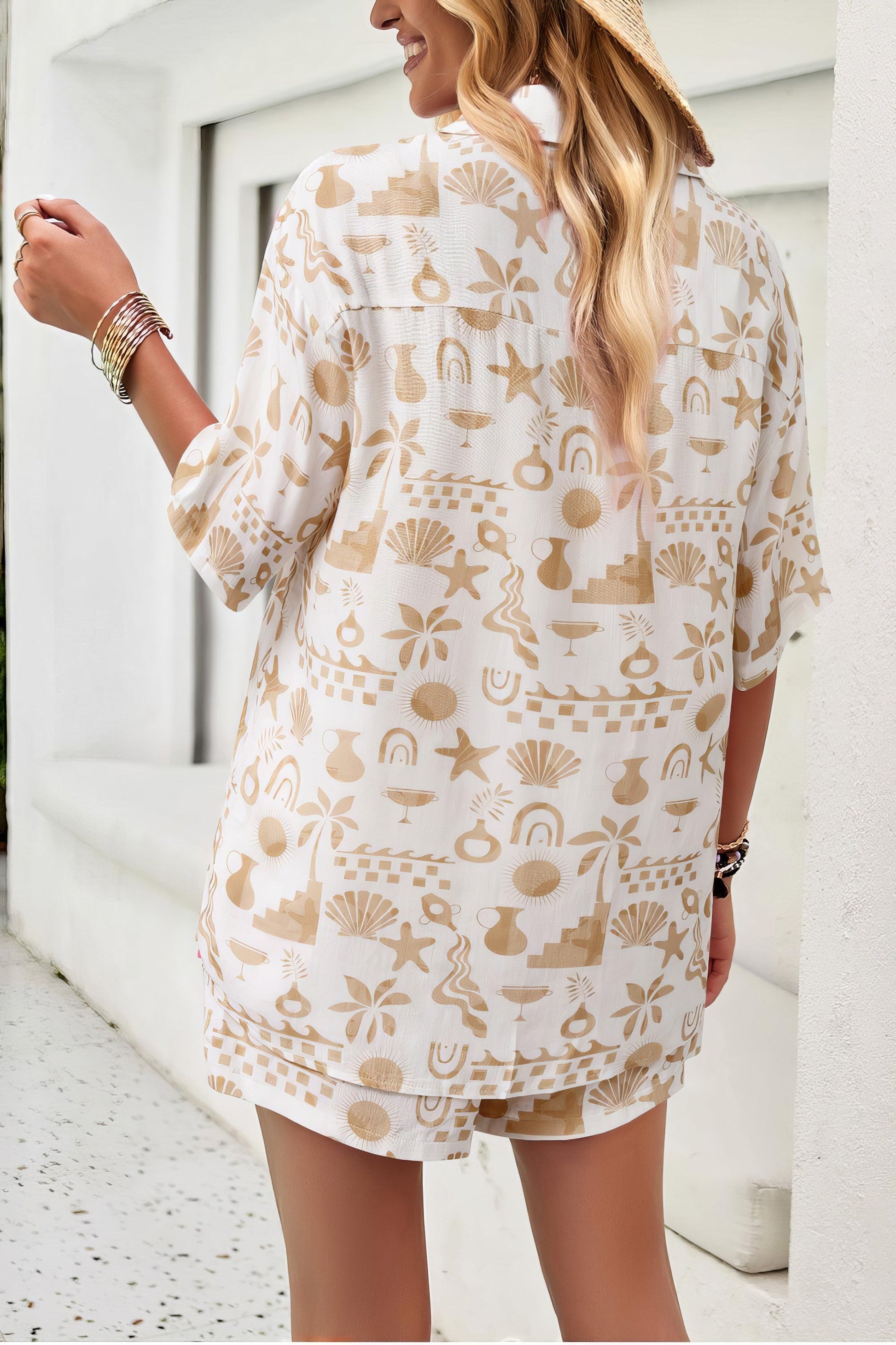 Women's printed button-up shirt and shorts set with pockets