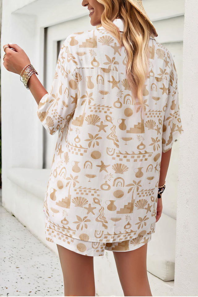 Women's printed button-up shirt and shorts set with pockets