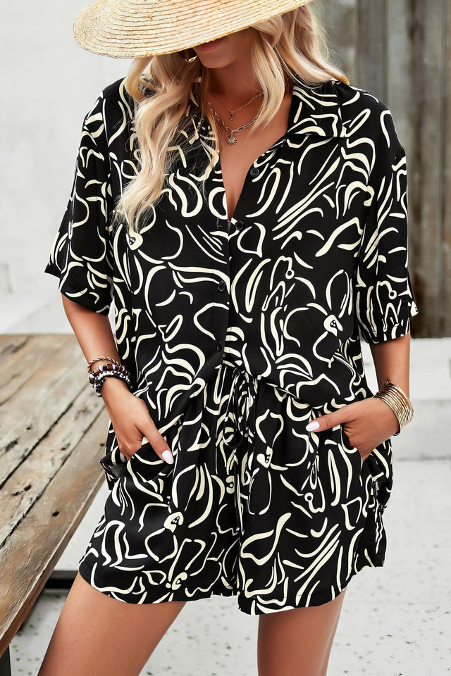 Women's printed button-up shirt and shorts set with pockets