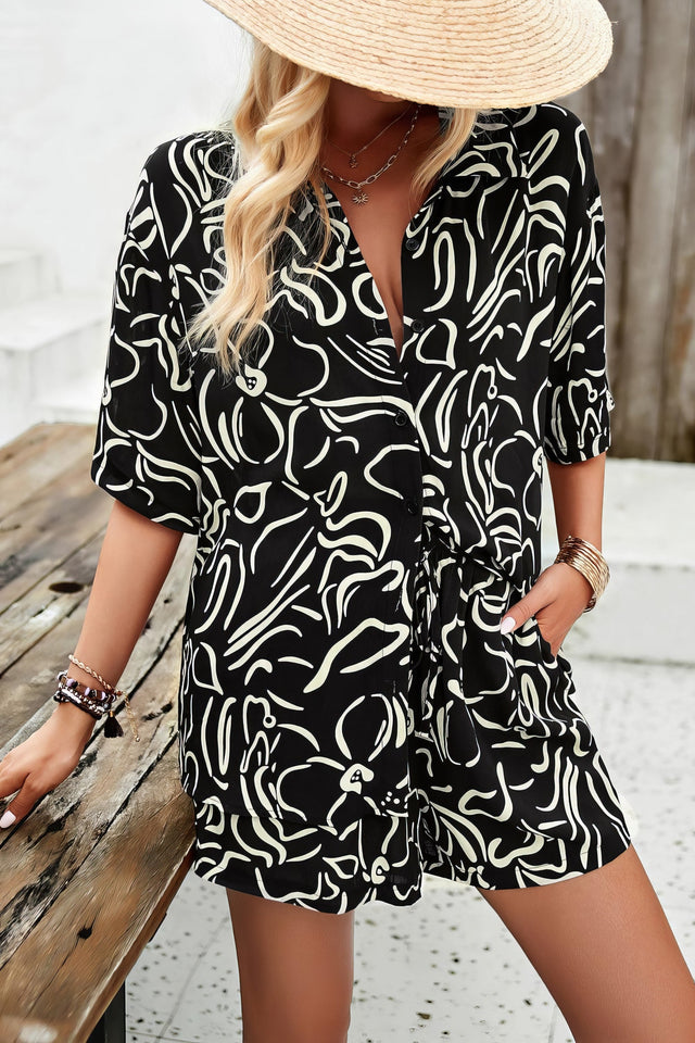 Women's printed button-up shirt and shorts set with pockets