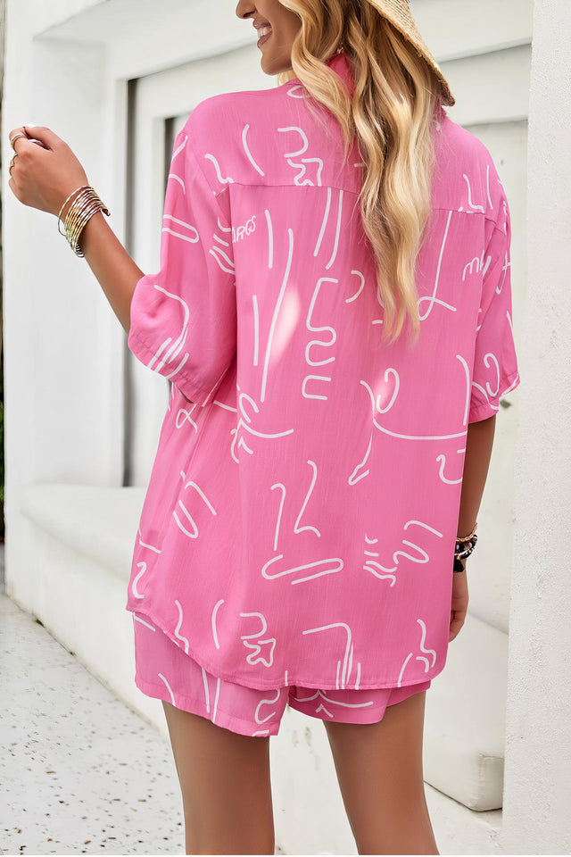 Women's printed button-up shirt and shorts set with pockets