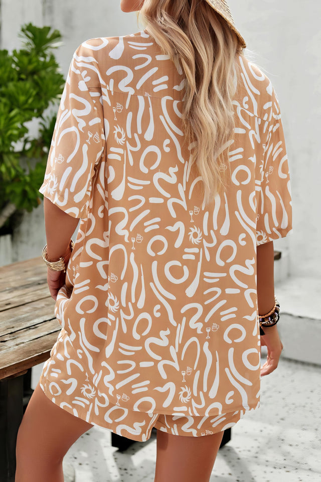 Women's printed button-up shirt and shorts set with pockets