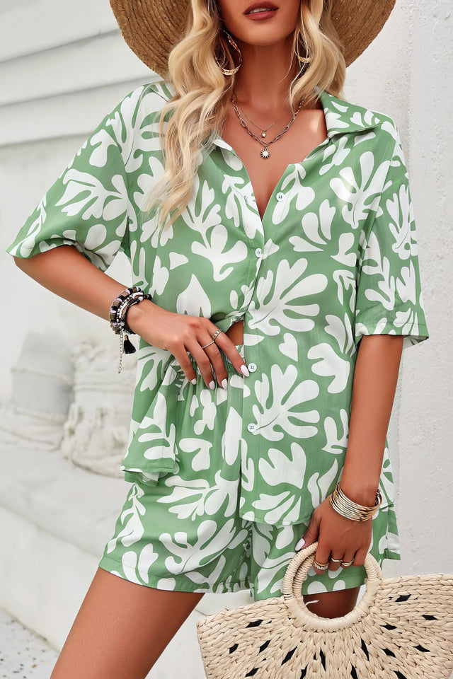 Women's printed button-up shirt and shorts set with pockets