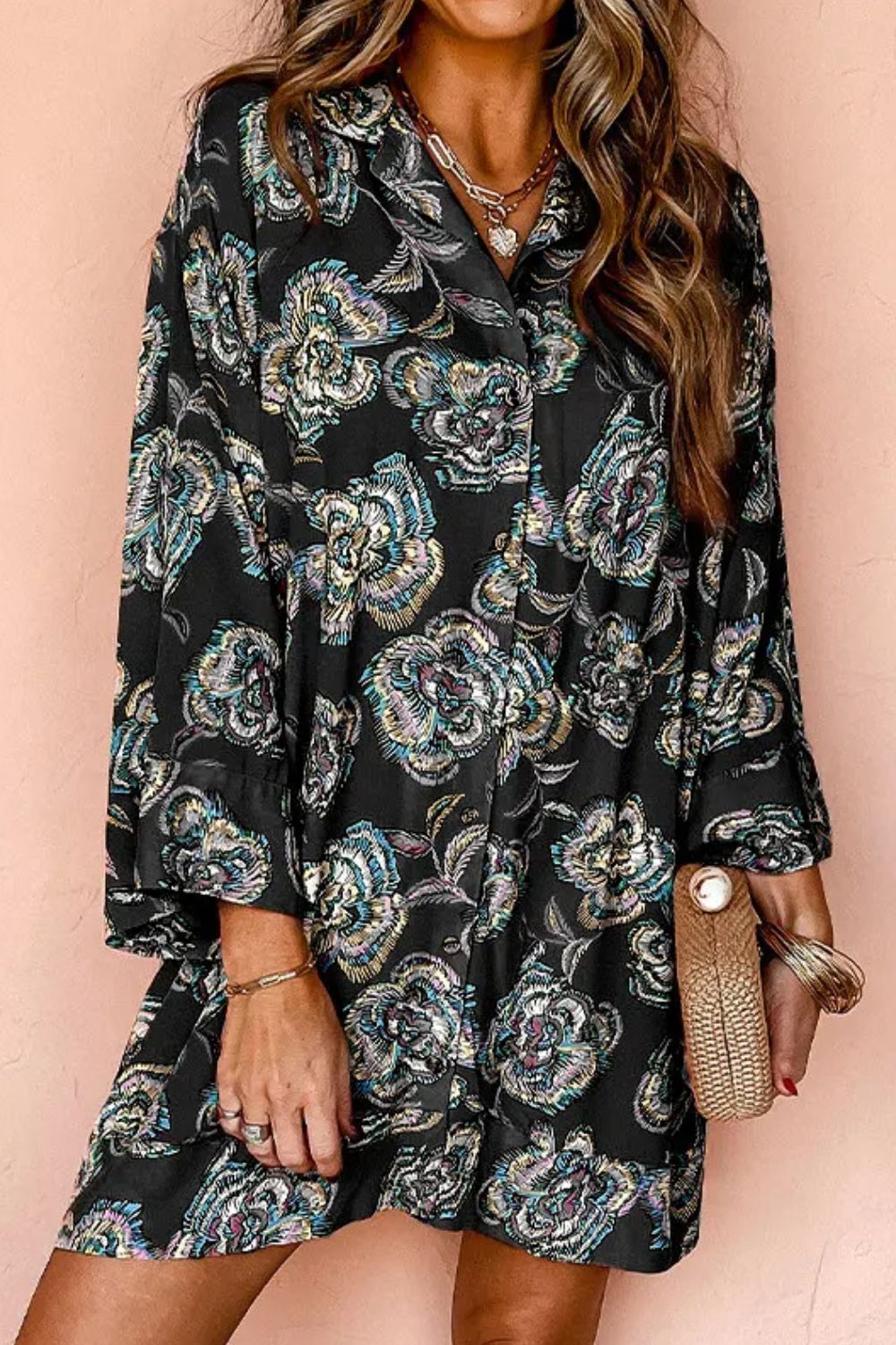 Printed Button Up Three-Quarter Sleeve Shirt Dress.