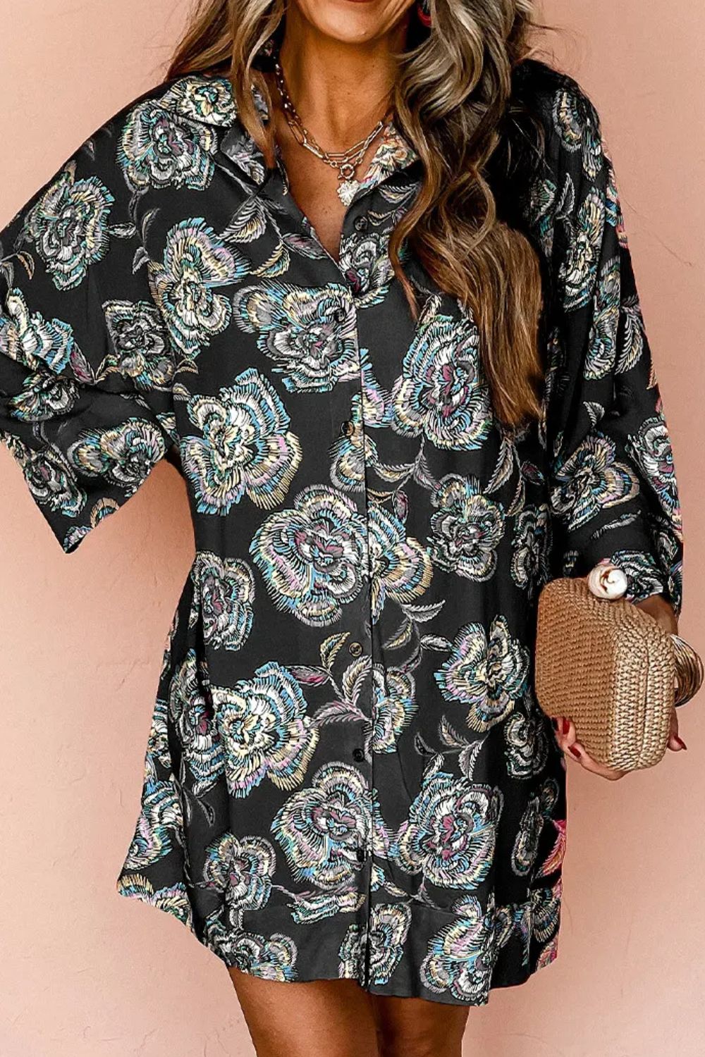 Printed Button Up Three-Quarter Sleeve Shirt Dress.