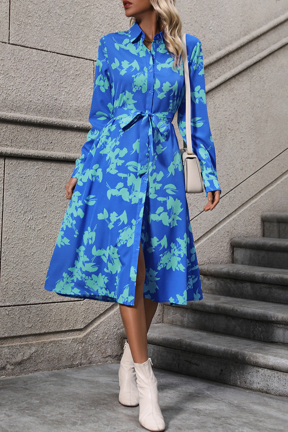 Perfee Printed Button Up Tie Waist Dress.