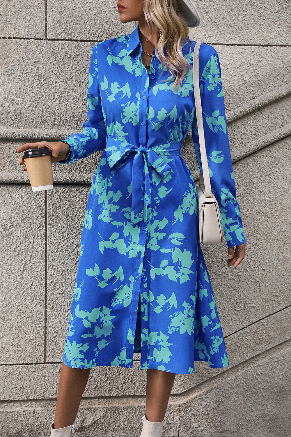 Perfee Printed Button Up Tie Waist Dress.