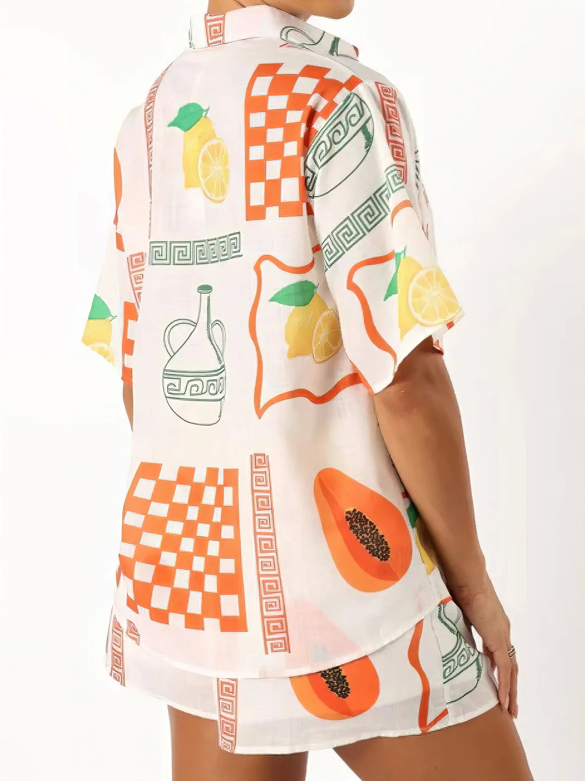 printed button up top and shorts set, easy style women's two-piece outfit, effortlessly chic summer fashion, comfortable printed set, casual versatile ensemble, perfect for everyday wear