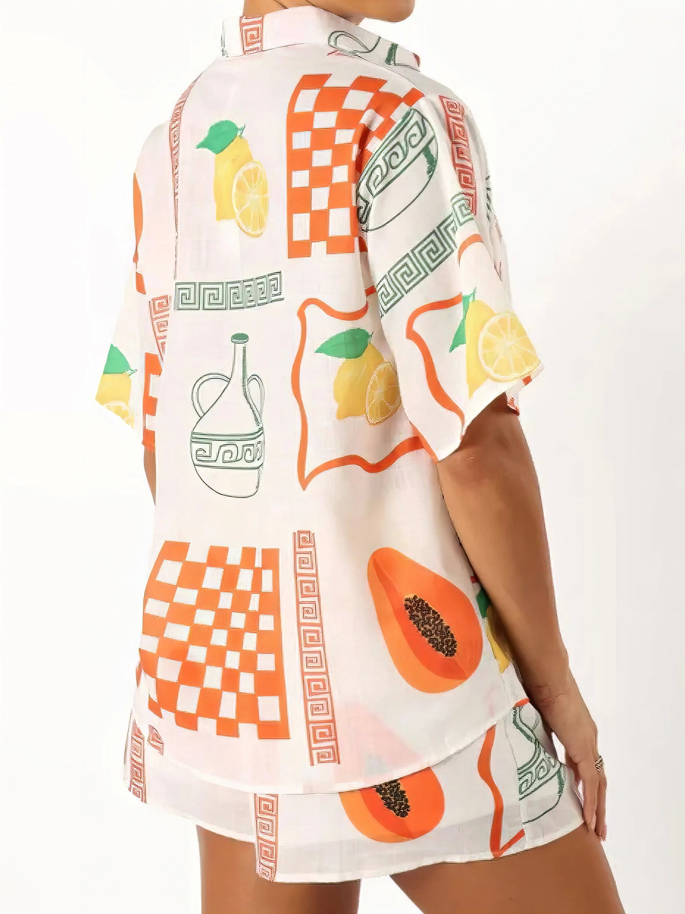 printed button up top and shorts set, easy style women's two-piece outfit, effortlessly chic summer fashion, comfortable printed set, casual versatile ensemble, perfect for everyday wear