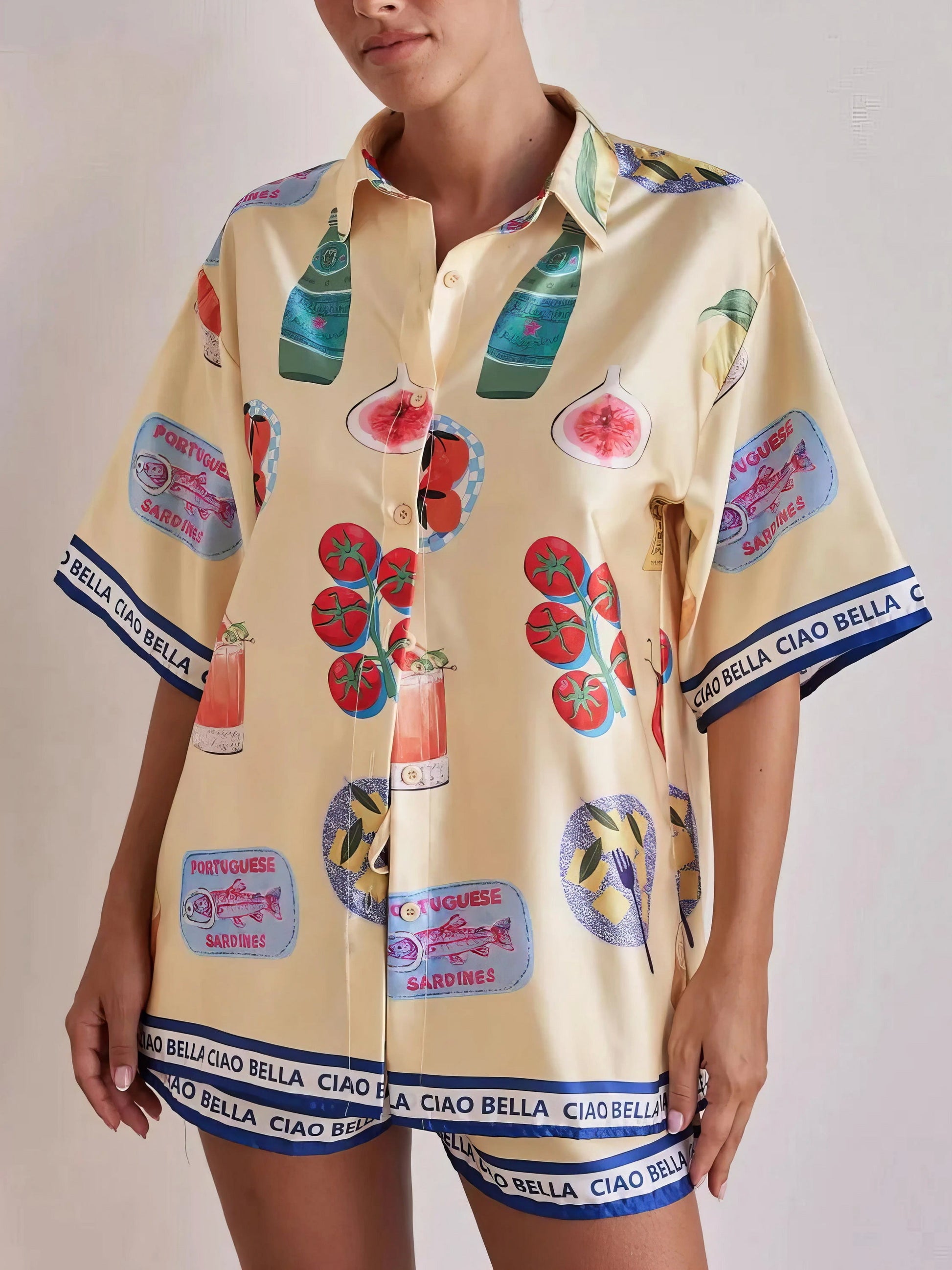 Printed button up top and shorts set, women's casual two-piece outfit, comfortable polyester set, buttoned top, drawstring shorts, non-stretch fabric, ideal for relaxed everyday wear