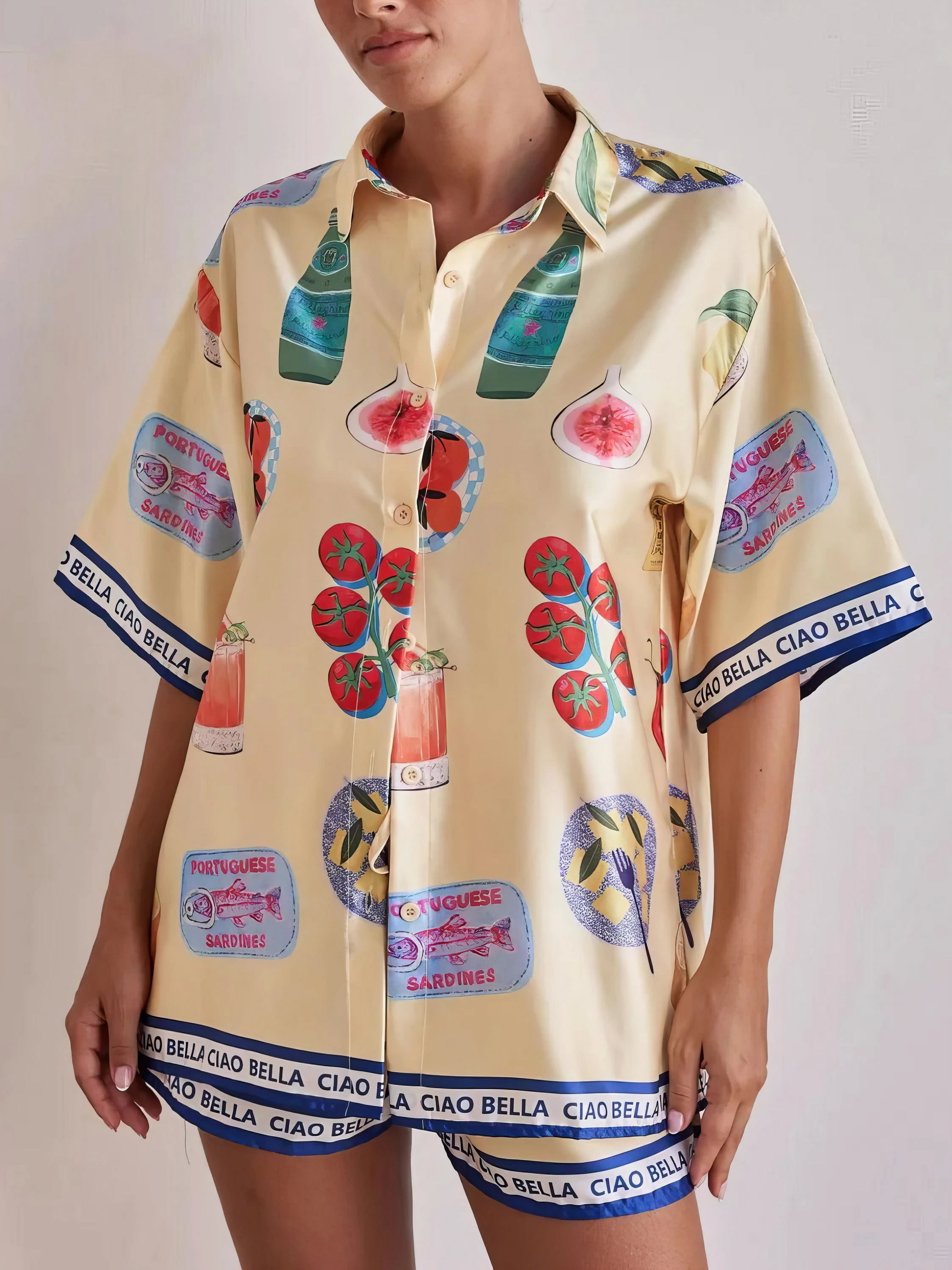 Printed button up top and shorts set, women's casual two-piece outfit, comfortable polyester set, buttoned top, drawstring shorts, non-stretch fabric, ideal for relaxed everyday wear