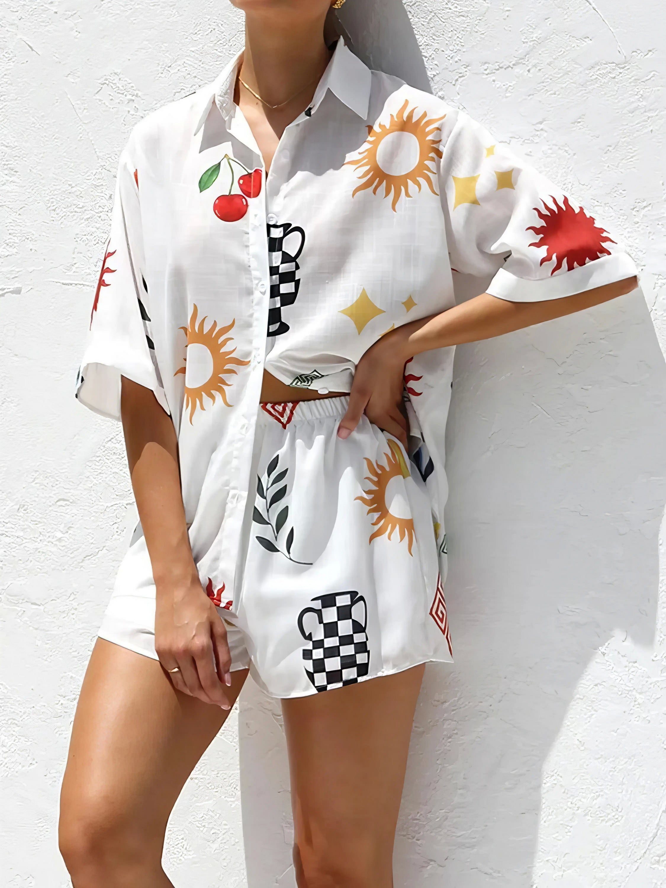 printed button up top and shorts set, easy style women's two-piece outfit, effortlessly chic summer fashion, comfortable printed set, casual versatile ensemble, perfect for everyday wear